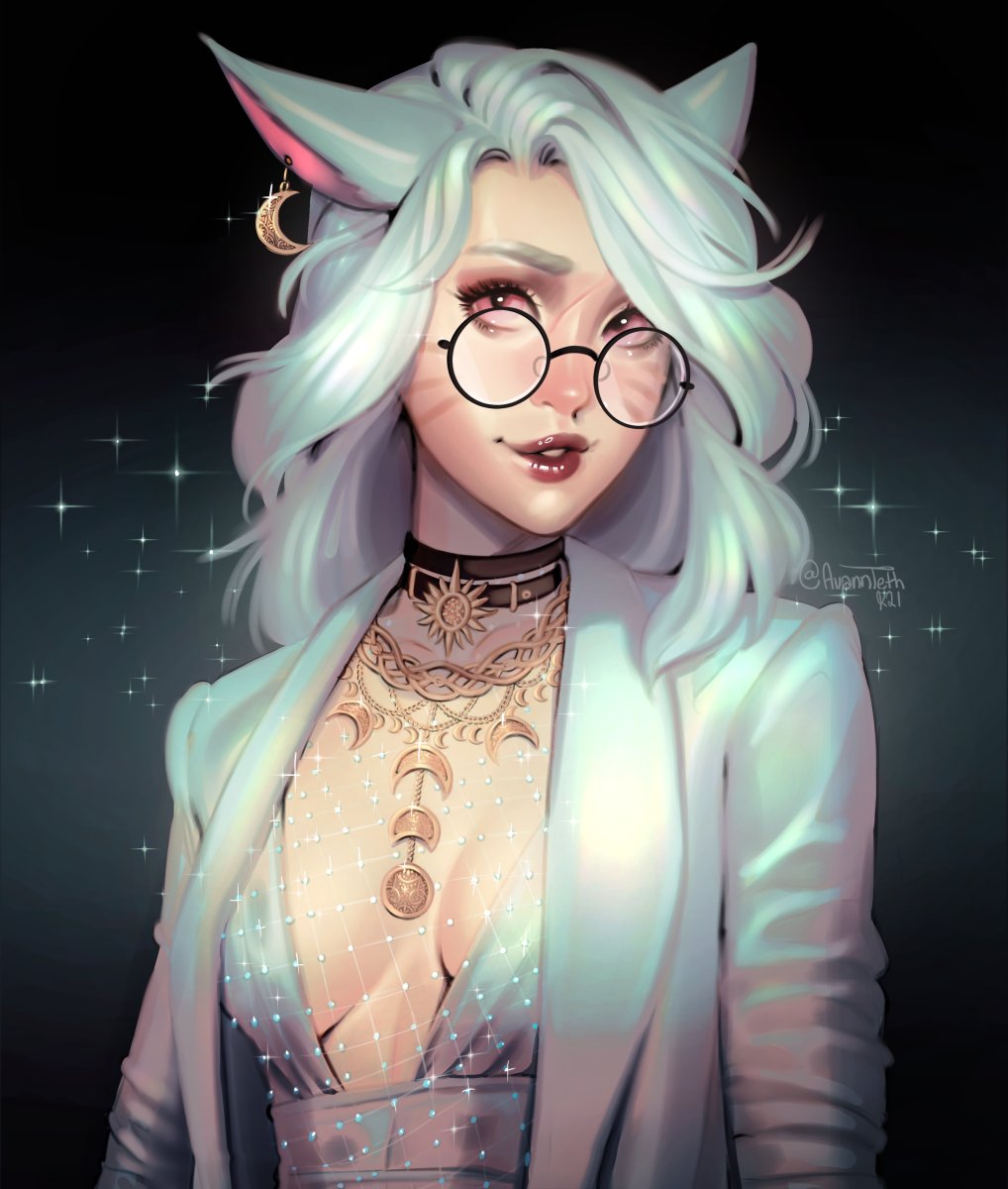 1girl animal_ears avatar_(ffxiv) breasts breasts_apart cat_ears choker crescent_moon dark_background earrings facial_mark final_fantasy final_fantasy_xiv glasses highres jacket jaykaylol jewelry lips long_hair looking_at_viewer medium_breasts miqo'te moon necklace open_clothes open_jacket parted_lips red_eyes round_eyewear scar scar_on_face scar_on_nose solo sparkle upper_body whisker_markings white_hair