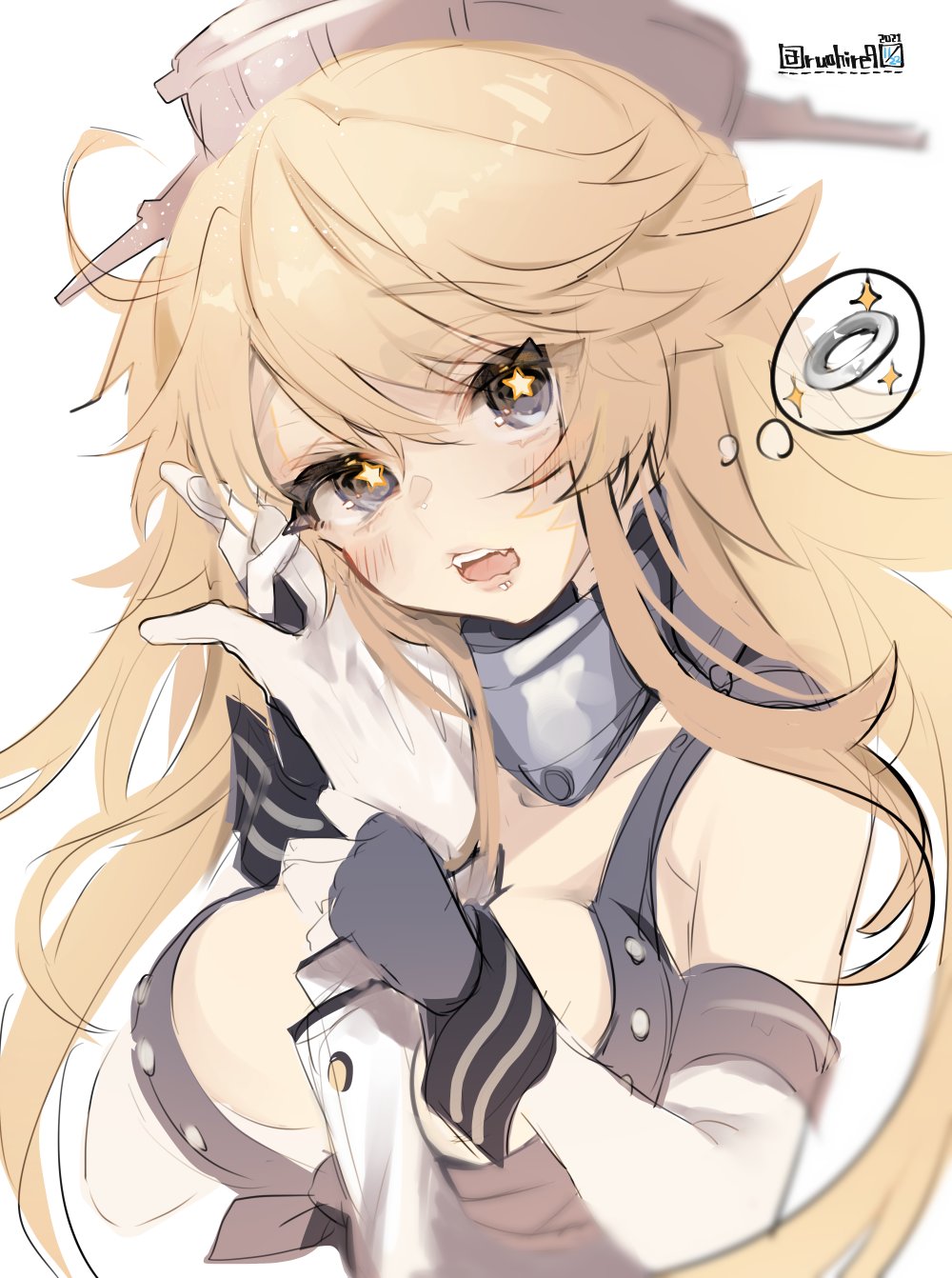 1boy 1girl admiral_(kancolle) arm_between_breasts arm_hug between_breasts blonde_hair blue_eyes blush breasts front-tie_top headgear highres iowa_(kancolle) jewelry kantai_collection large_breasts ring ruohire9 star-shaped_pupils star_(symbol) symbol-shaped_pupils upper_body white_background