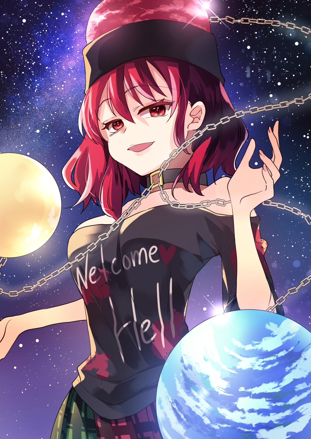 1girl bangs bare_shoulders black_choker black_headwear black_shirt black_sky black_sleeves blue_sky breasts chain choker clothes_writing earth_(ornament) eyebrows_visible_through_hair gold_chain gradient gradient_sky green_skirt hair_between_eyes hands_up heart heart_print hecatia_lapislazuli highres katayama_kei looking_at_viewer medium_breasts moon_(ornament) multicolored_clothes multicolored_skirt night night_sky off-shoulder_shirt off_shoulder one-hour_drawing_challenge open_mouth plaid plaid_skirt polos_crown purple_skirt purple_sky red_eyes red_headwear red_heart red_skirt redhead shirt short_hair short_sleeves skirt sky smile solo space standing star_(sky) starry_sky t-shirt touhou