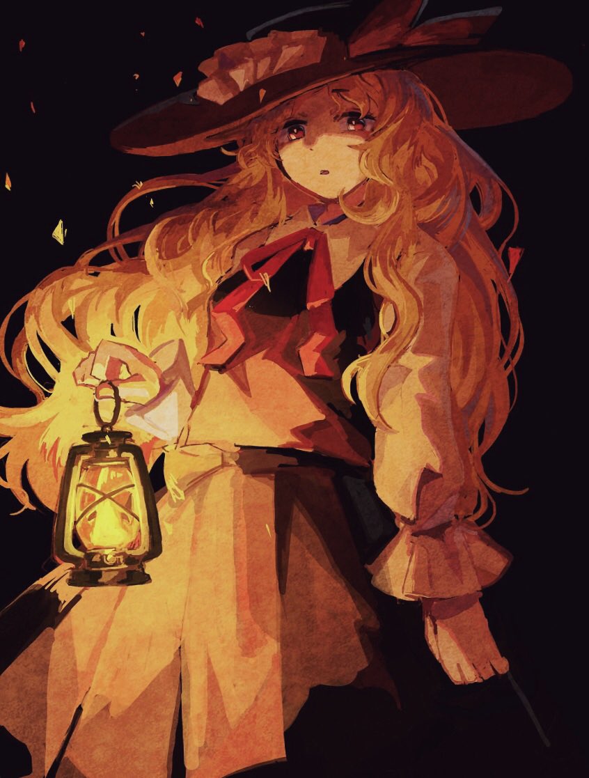 1girl blonde_hair breasts brown_skirt brown_vest collared_shirt extra frilled_hat frills hat hat_feather holding_lamp jacket_girl_(dipp) lamp long_hair long_sleeves open_mouth red_eyes red_neckwear red_ribbon ribbon shirt skirt small_breasts touhou very_long_hair vest washman711 wavy_hair white_shirt