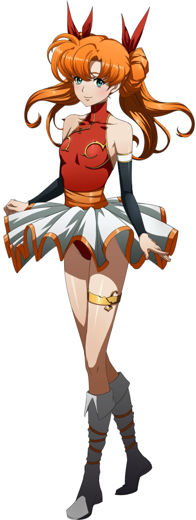 1girl bangs black_sleeves blue_eyes blush boots bow breasts closed_mouth collarbone detached_sleeves floating_hair full_body hair_between_eyes hair_bow hair_intakes highres knee_boots langrisser langrisser_iii leotard long_hair long_sleeves miniskirt official_art orange_hair pleated_skirt red_bow red_leotard shiny shiny_hair shiny_skin skirt small_breasts smile solo standing thighlet tiaris_(langrisser) transparent_background turtleneck twintails white_footwear white_skirt