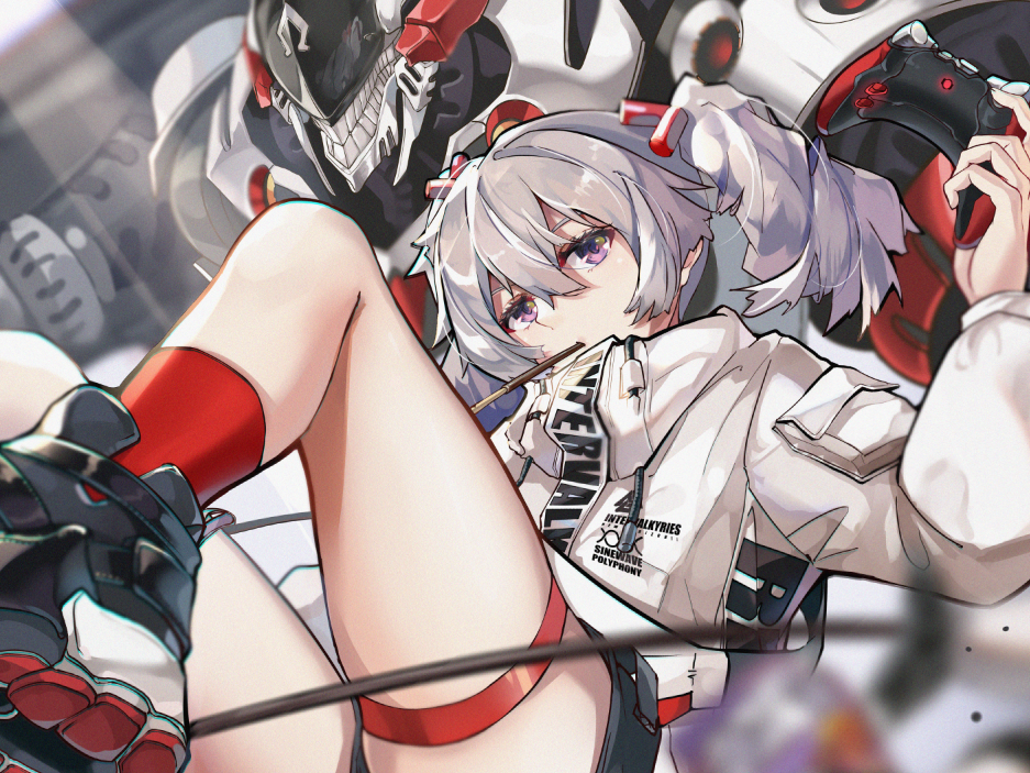 1girl bangs black_footwear black_shorts bronya_zaychik casual controller drill_hair food food_in_mouth grey_hair holding holding_controller honkai_(series) honkai_impact_3rd jacket long_sleeves looking_at_viewer pocky project_bunny red_legwear shoe_soles shoes shorts sneakers solo thigh_strap twin_drills violet_eyes white_jacket zombie-andy