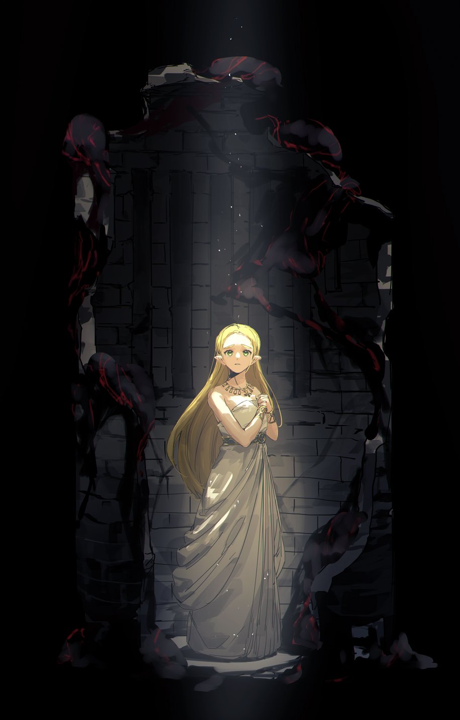 1girl bare_shoulders blonde_hair bracelet dress green_eyes highres jewelry light_particles long_hair looking_at_viewer necklace own_hands_together princess_zelda ruins solo standing strapless strapless_dress the_legend_of_zelda the_legend_of_zelda:_breath_of_the_wild very_long_hair w_arms werlosk worried