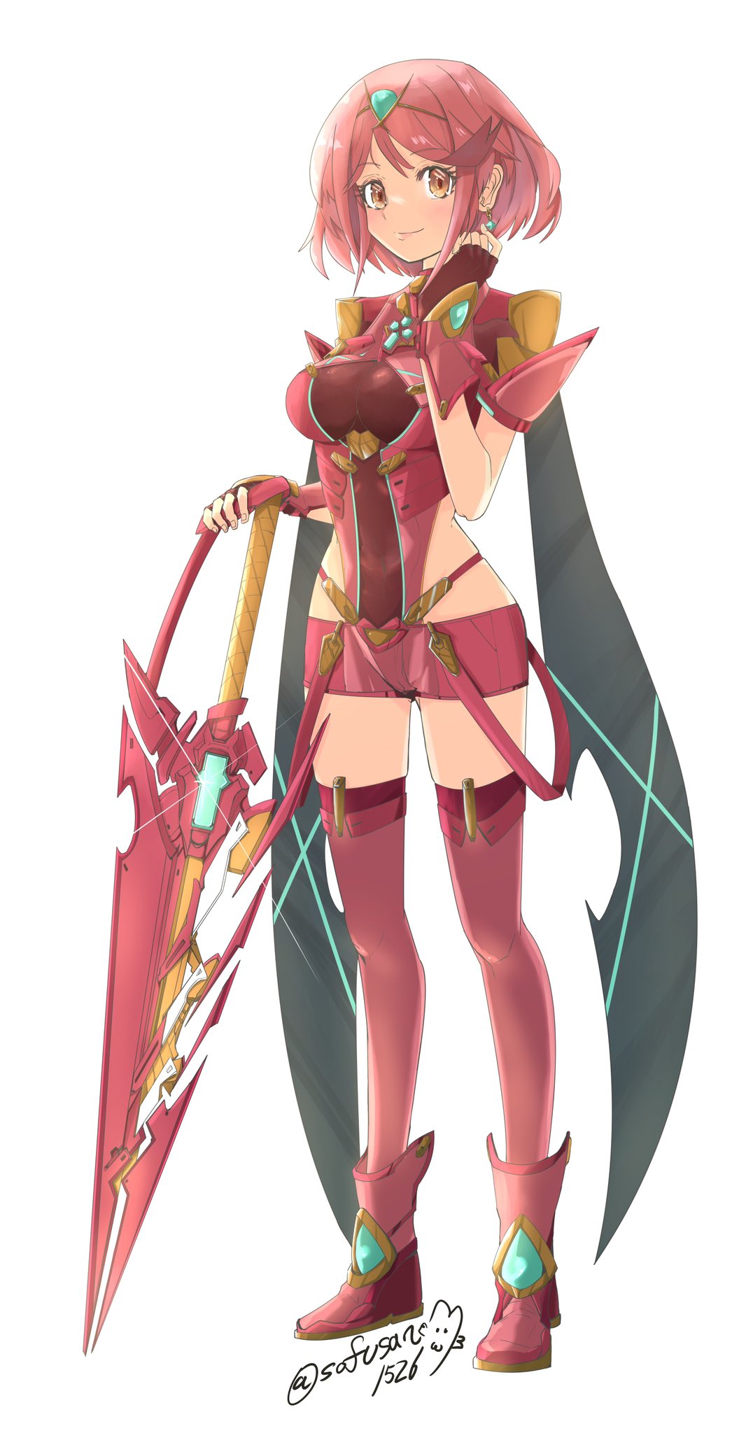1girl aegis_sword_(xenoblade) bangs black_gloves breasts chest_jewel earrings fingerless_gloves gloves highres jewelry large_breasts pyra_(xenoblade) red_eyes red_legwear red_shorts redhead short_hair short_shorts shorts simple_background sofusan1526 swept_bangs sword thigh-highs tiara weapon white_background xenoblade_chronicles_(series) xenoblade_chronicles_2