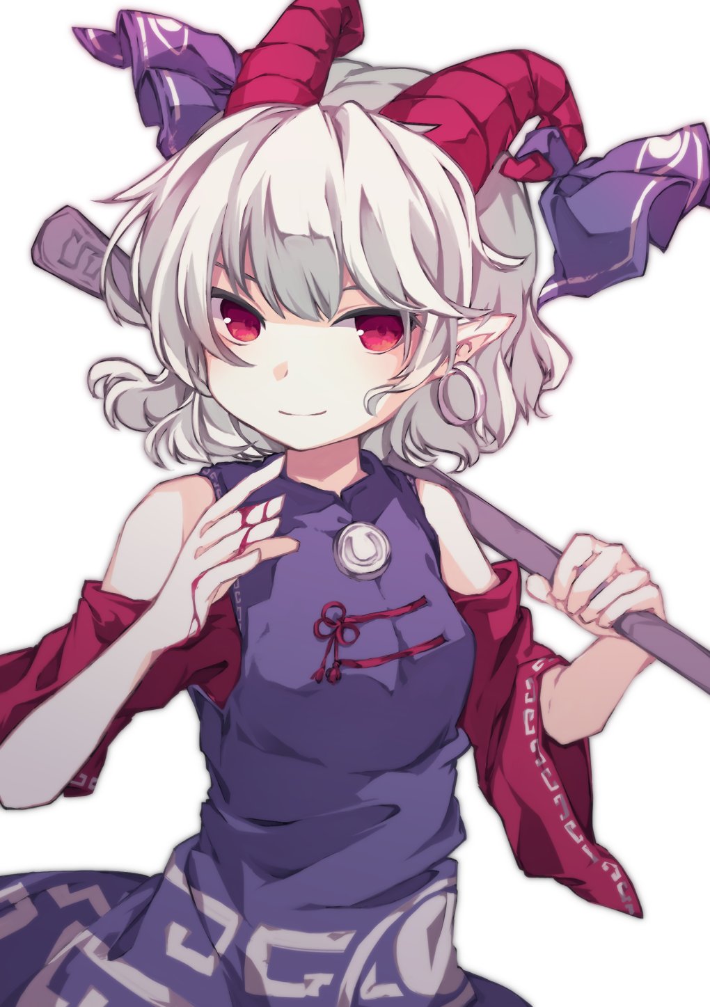 1girl blue_dress curly_hair detached_sleeves dress earrings highres horn_ornament horn_ribbon horns jewelry meandros oversized_object patterned_clothing pointy_ears red_eyes red_horns red_sleeves ribbon sato_imo sheep_horns simple_background smile touhou toutetsu_yuuma utensil white_background white_hair