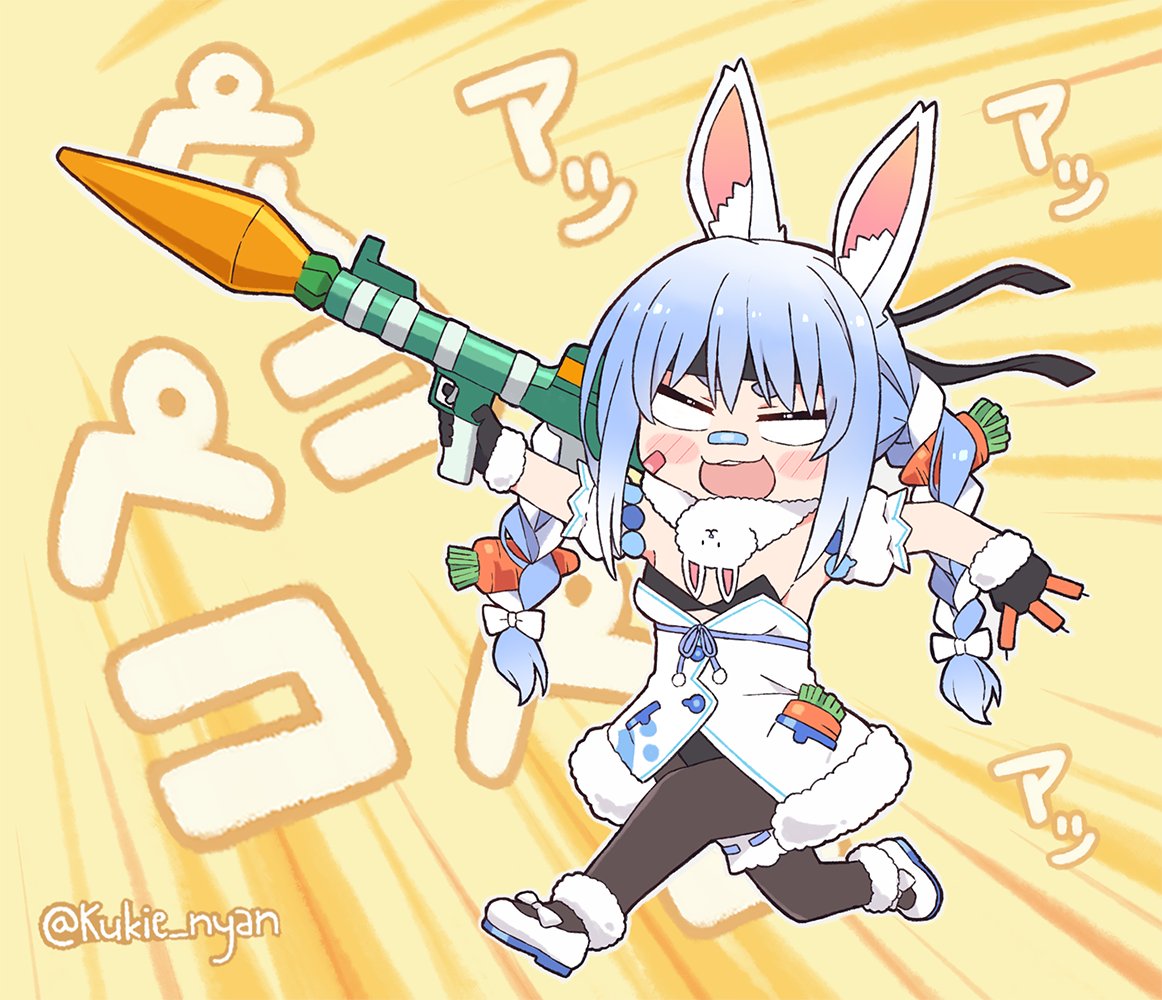 1girl animal_ear_fluff animal_ears blue_hair braid carrot_hair_ornament chibi food-themed_hair_ornament hair_ornament hololive kukie-nyan long_hair multicolored_hair rabbit_ears rocket_launcher rpg rpg-7 twin_braids two-tone_hair usada_pekora virtual_youtuber weapon white_hair