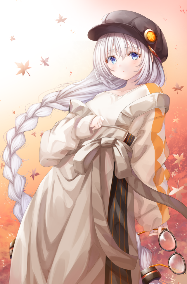 1girl autumn_leaves bangs black-framed_eyewear black_headwear blue_eyes blush braid brown_skirt cabbie_hat closed_mouth eyebrows_visible_through_hair eyewear_removed grey_hair hair_between_eyes hat hat_ornament holding holding_eyewear jacket kizuna_akari leaf long_hair long_sleeves looking_at_viewer low_twintails maple_leaf murano off_shoulder puffy_long_sleeves puffy_sleeves shirt skirt sleeves_past_wrists solo star_(symbol) twin_braids twintails very_long_hair voiceroid white_jacket white_shirt