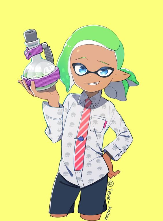 1eye_kozou black_shorts blue_eyes bottle dark_skin fang green_hair hand_on_hip holding holding_bottle inkling long_sleeves looking_at_viewer necktie pointy_ears red_necktie shirt short_hair shorts simple_background smug splatoon_(series) splatoon_2 standing tentacle_hair third-party_source tied_hair twitter_username upper_body white_shirt yellow_background