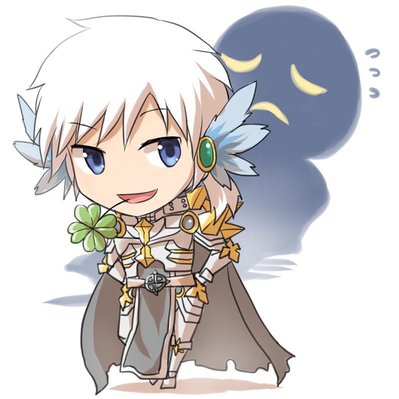 1boy armor armored_boots bangs blue_eyes blue_wings boots breastplate cape chainmail chibi clover commentary_request different_shadow eyebrows_visible_through_hair four-leaf_clover full_body gauntlets grey_cape head_wings leg_armor looking_at_viewer male_focus mouth_hold natsuya_(kuttuki) open_mouth pauldrons ragnarok_online rune_knight_(ragnarok_online) short_hair shoulder_armor smile solo spiked_pauldrons stalk_in_mouth tabard torn_cape torn_clothes two-tone_wings white_background white_hair wings