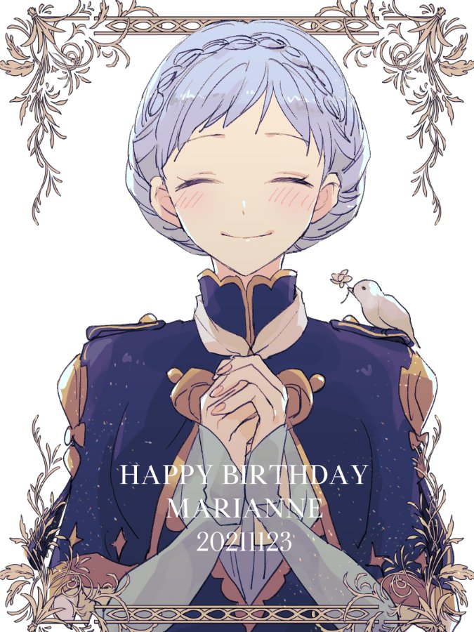 1girl 2021 animal animal_on_shoulder beak_hold bird bird_on_shoulder blue_capelet blue_dress blue_hair blush braid capelet closed_eyes closed_mouth commentary_request crown_braid dated dress english_text epaulettes fingernails fire_emblem fire_emblem:_three_houses flower flower_in_mouth happy_birthday long_sleeves marianne_von_edmund own_hands_together short_hair sleeves_past_wrists smile tenjin_(ahan) upper_body
