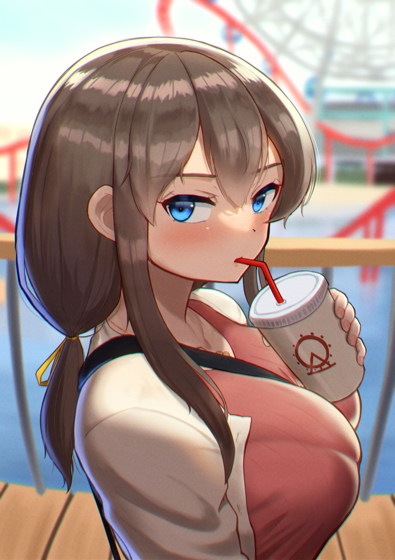 1girl bangs beige_jacket between_breasts blue_eyes blurry blurry_background blush bralines breasts brown_hair collarbone commentary_request cup day disposable_cup drinking_straw drinking_straw_in_mouth eyebrows_visible_through_hair ferris_wheel hair_between_eyes large_breasts long_hair looking_at_viewer maku_ro original outdoors railing red_shirt roller_coaster shirt sidelocks solo standing strap_between_breasts tied_hair upper_body wooden_floor