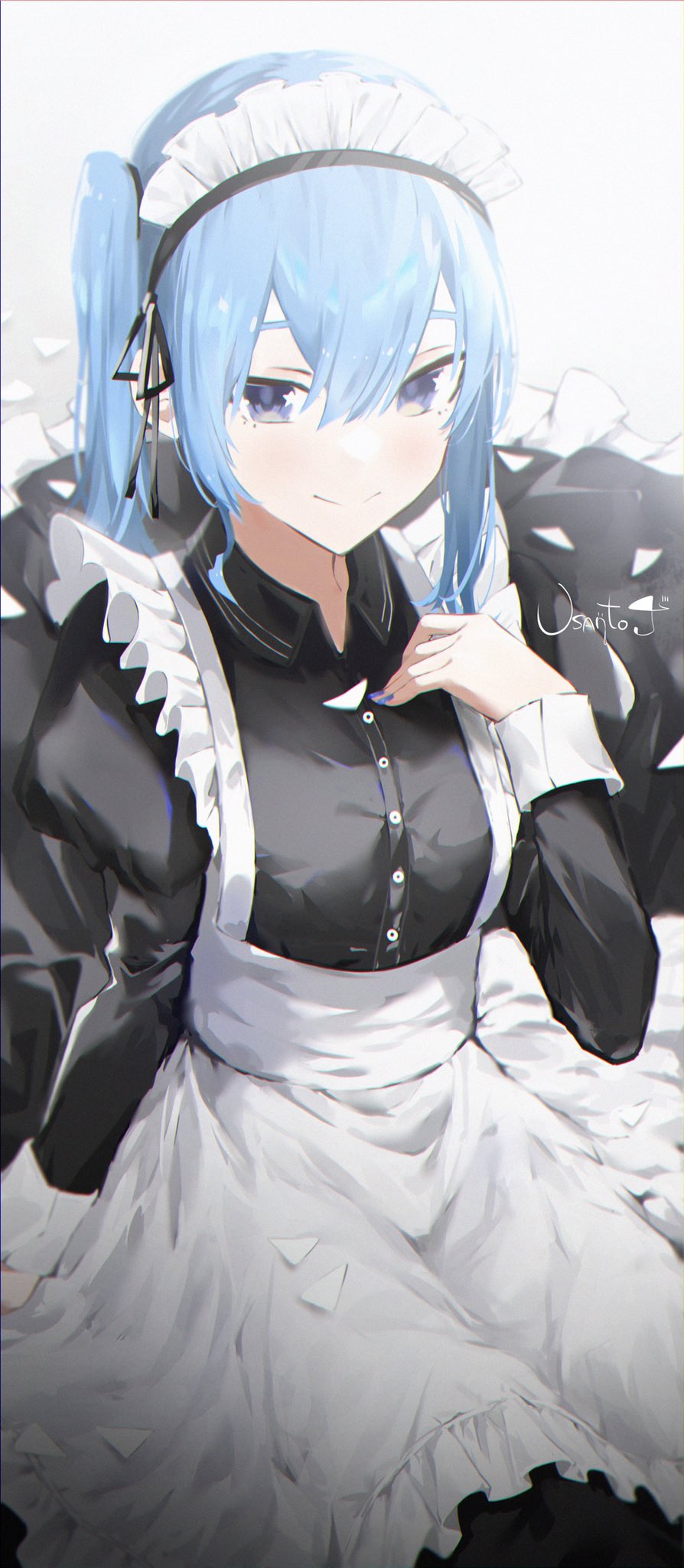 1girl alternate_costume ame4649u apron bangs black_dress blue_eyes blue_hair blue_nails closed_mouth collared_dress commentary_request dress enmaided frilled_apron frills hair_between_eyes hand_up highres hololive hoshimachi_suisei juliet_sleeves long_hair long_sleeves maid maid_headdress nail_polish puffy_sleeves side_ponytail sidelocks signature smile solo star_(symbol) star_in_eye symbol_in_eye virtual_youtuber white_background
