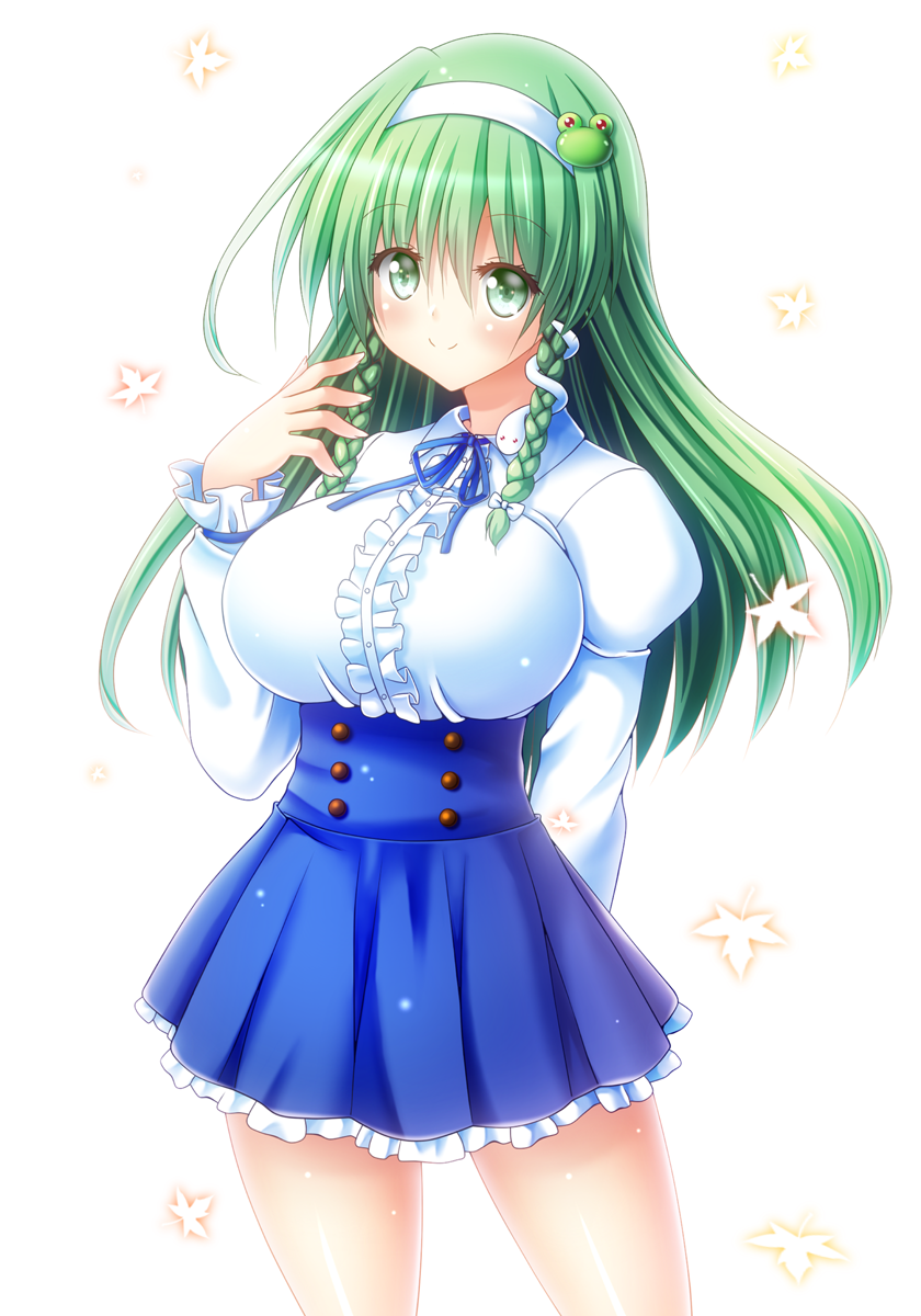 1girl alternate_costume arm_behind_back autumn_leaves blouse blue_neckerchief blue_skirt blush breasts center_frills collared_shirt corset cowboy_shot frilled_skirt frills frog_hair_ornament green_eyes green_hair hair_between_eyes hair_ornament high-waist_skirt highres kochiya_sanae large_breasts long_hair long_sleeves looking_at_viewer meme_attire neckerchief osashin_(osada) shirt skirt smile solo touhou virgin_killer_outfit white_background white_shirt