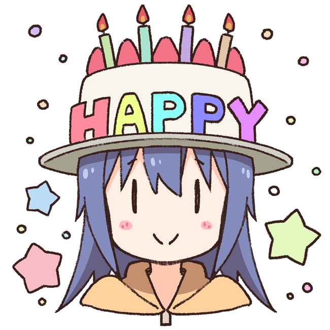 1girl bangs blue_hair blush_stickers brown_headwear candle closed_mouth commentary_request cropped_shoulders eyebrows_visible_through_hair fire food fruit hair_between_eyes hat long_hair looking_at_viewer nekotoufu onii-chan_wa_oshimai portrait simple_background smile solo star_(symbol) strawberry tenkawa_nayuta white_background |_|