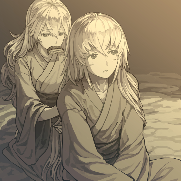 1boy 1girl alternate_hairstyle bangs brother_and_sister collarbone comb combing corrin_(fire_emblem) corrin_(fire_emblem)_(female) couple eyebrows_visible_through_hair fire_emblem fire_emblem_fates hair_between_eyes hairdressing hand_in_hair harusame_(rueken) hetero indian_style intelligent_systems japanese_clothes kimono light_blush long_hair long_sleeves looking_at_another mouth_hold nintendo parted_lips seiza shiny shiny_hair siblings sidelocks sitting super_smash_bros. takumi_(fire_emblem) wide_sleeves