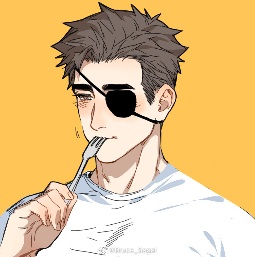 1boy anderain blush brown_hair closed_mouth eyepatch fork hand_up holding holding_fork male_focus ombra_(anderain) one_eye_covered original shirt short_hair simple_background solo upper_body utensil_in_mouth weibo_username white_shirt