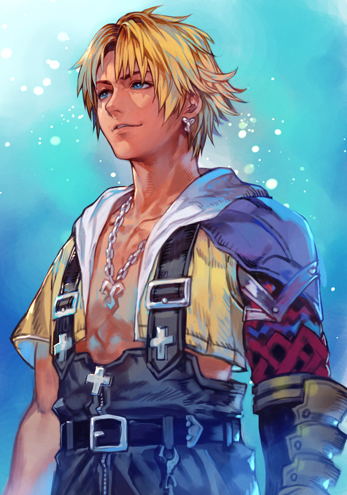 1boy aqua_background armor bare_pectorals belt blonde_hair blue_eyes earrings final_fantasy final_fantasy_x from_side hankuri jewelry lips messy_hair necklace pectorals shirt shoulder_armor solo tidus