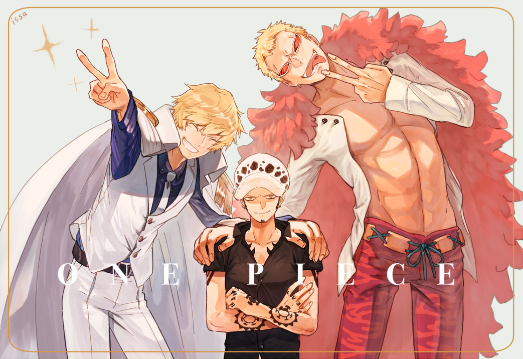 1yoichi1 3boys ^_^ alternate_universe black_hair blonde_hair closed_eyes coat coat_on_shoulders crossed_arms donquixote_doflamingo donquixote_rocinante fur_coat grin hand_on_another's_shoulder hat long_sleeves male_focus multiple_boys necktie one_piece open_clothes open_shirt pink_coat short_sleeves smile sunglasses tattoo tongue tongue_out trafalgar_law v vest yellow_eyes