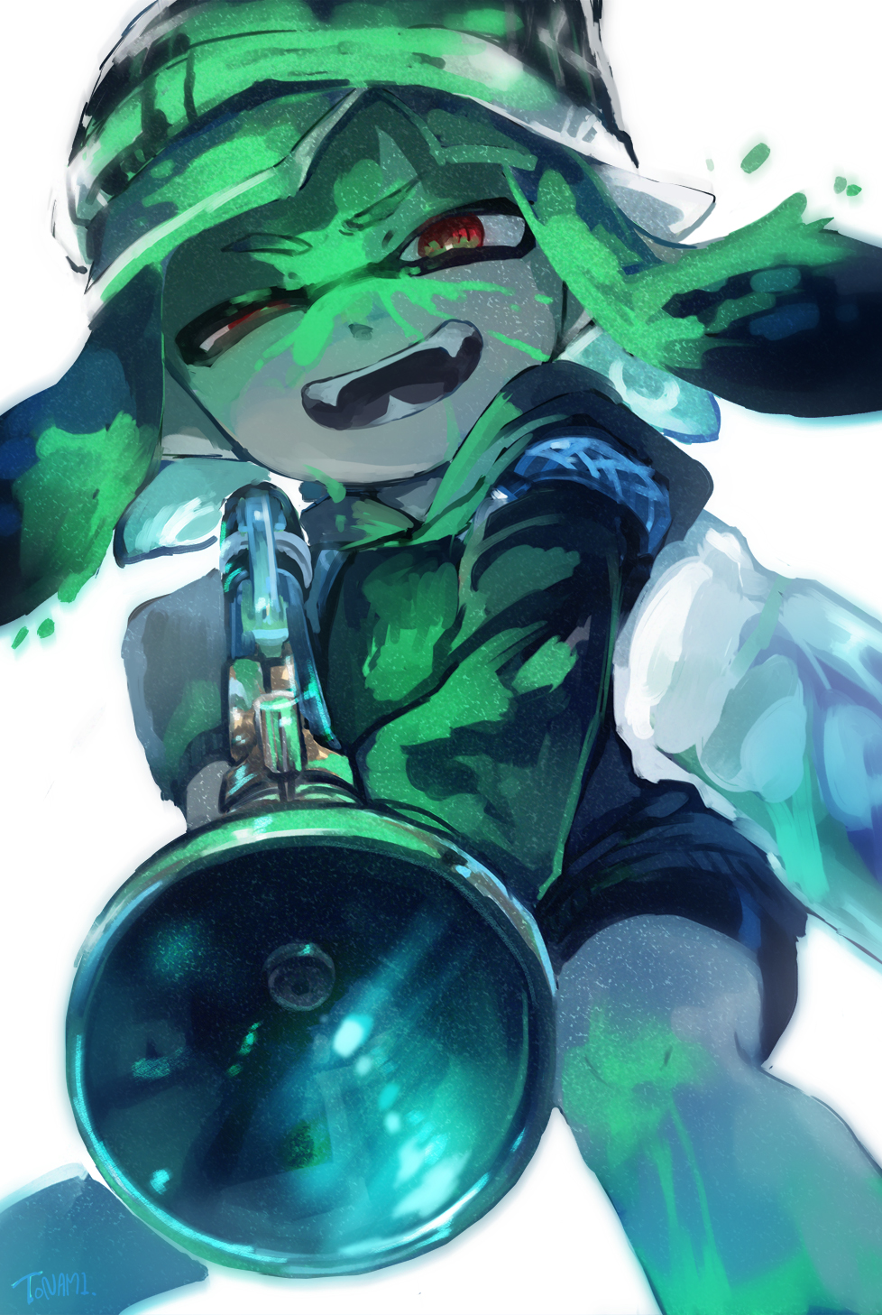 1girl artist_name bangs beanie black_shorts fangs from_below green_hair green_headwear green_hoodie gun half-closed_eyes hat highres holding holding_gun holding_weapon hood hoodie ink ink_tank_(splatoon) inkling long_hair long_sleeves looking_at_viewer open_mouth red_eyes short_shorts shorts simple_background smile solo splatoon_(series) standing tentacle_hair tona_bnkz weapon white_background