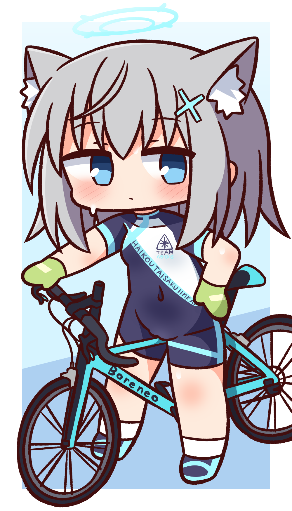 1girl animal_ear_fluff animal_ears bangs bicycle biker_clothes bikesuit blue_archive blue_background blue_eyes blue_footwear blush bodysuit cat_ears chibi closed_mouth clothes_writing commentary_request covered_navel eyebrows_visible_through_hair full_body gloves green_gloves grey_hair groin ground_vehicle hair_ornament halo hana_kazari hand_on_hip highres long_hair looking_at_viewer shiroko_(blue_archive) shoes short_sleeves socks solo standing sweat white_legwear