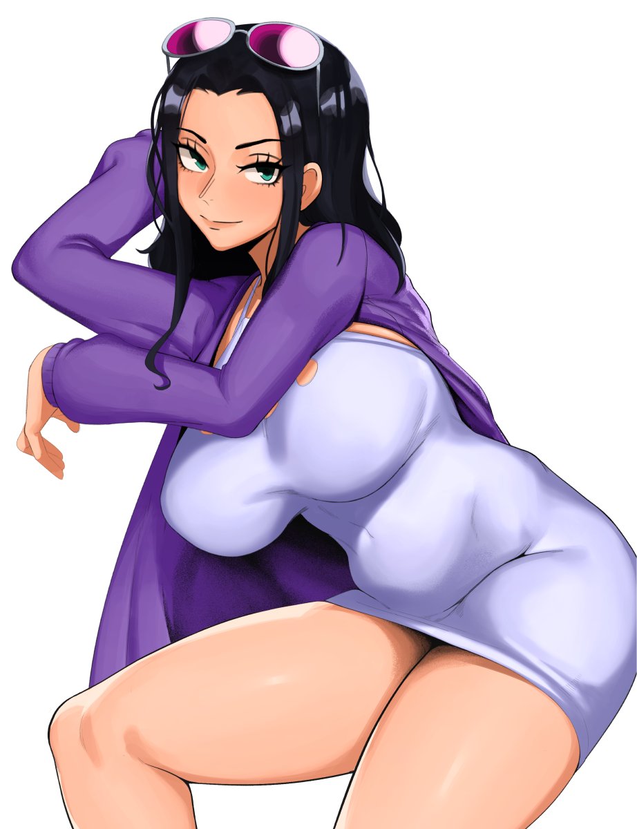 1girl aqua_eyes arm_behind_head breasts dress eyebrows eyewear_on_head highres jacket kevbot large_breasts looking_at_viewer navel nico_robin one_piece purple_jacket simple_background sitting solo spread_legs sunglasses thighs white_background white_dress