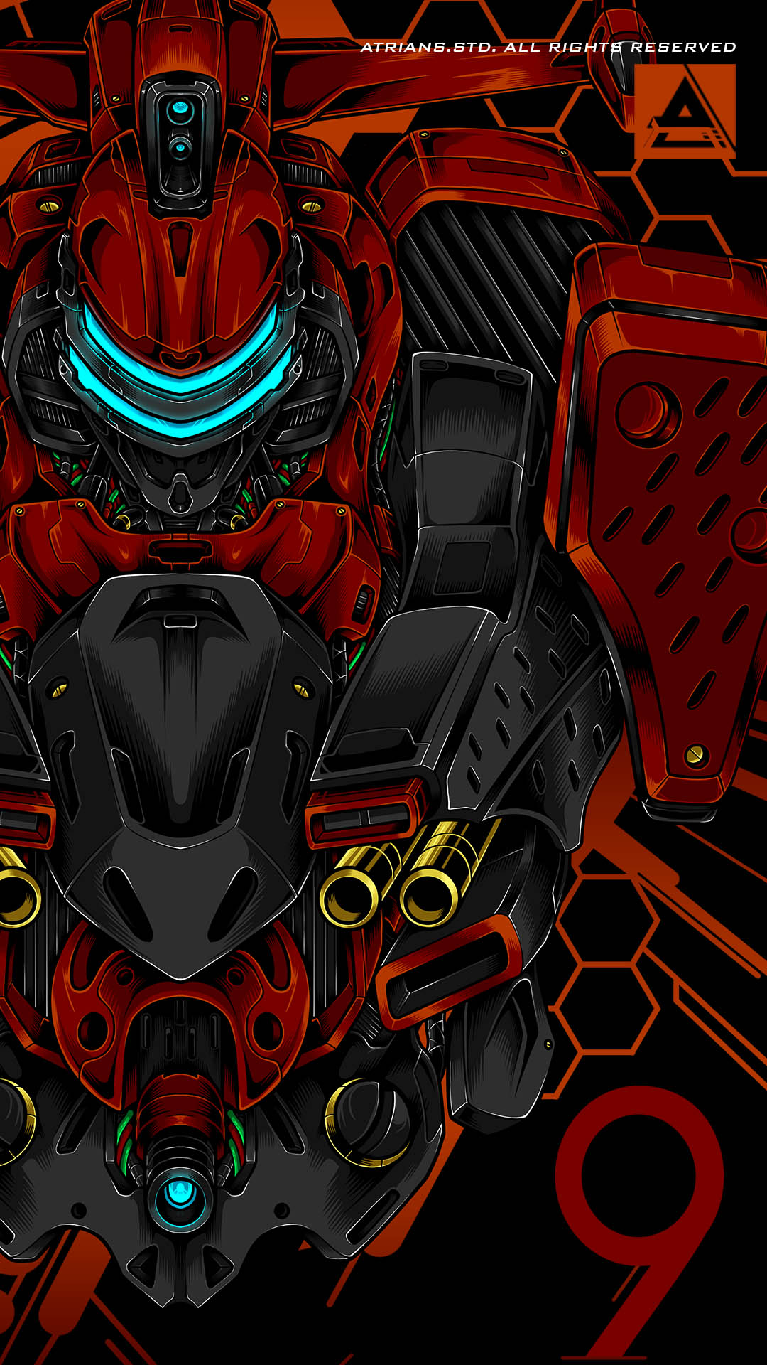 armored_core artist_name atrians black_background commentary commission english_commentary glowing highres looking_at_viewer mecha nineball no_humans science_fiction solo upper_body visor
