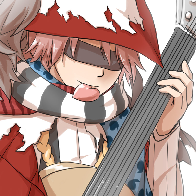 1boy argyle argyle_coat bangs black_blindfold black_scarf black_vest blindfold blue_scarf coat commentary_request guitar hat heart heart_in_mouth holding holding_instrument instrument minstrel_(ragnarok_online) mouth_hold music natsuya_(kuttuki) open_mouth pink_hair playing_instrument plume polka_dot polka_dot_scarf ragnarok_online red_coat red_headwear red_scarf scarf shirt short_hair simple_background smile solo striped striped_scarf upper_body vest white_background white_scarf white_shirt