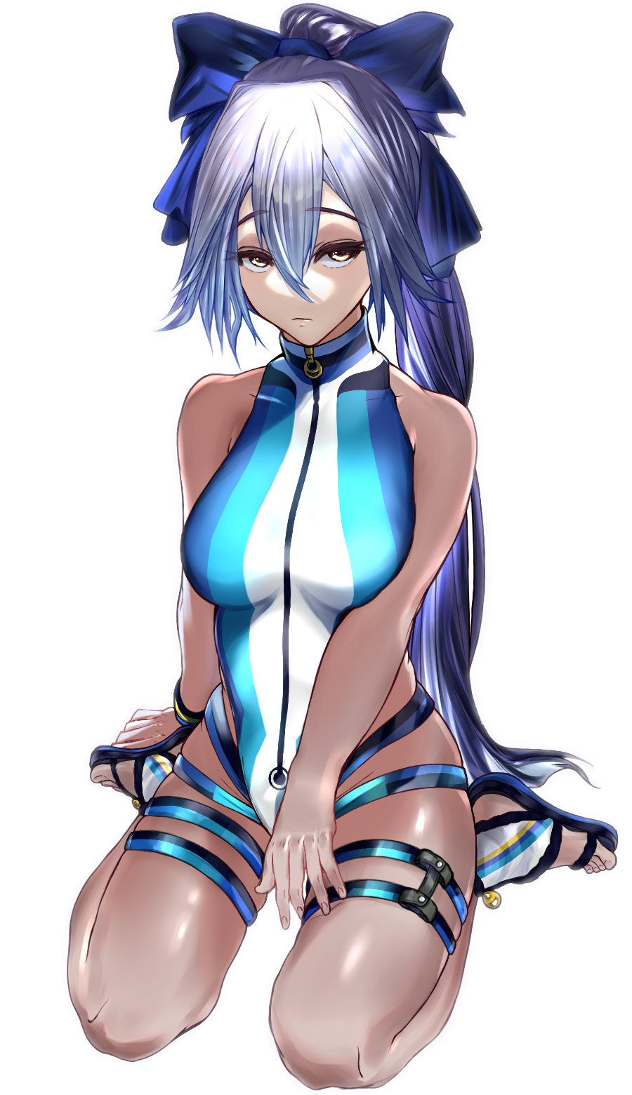 1girl bangs bare_shoulders blue_bow blue_swimsuit bow breasts fate/grand_order fate_(series) gamerfc13 hair_between_eyes hair_bow highleg highleg_swimsuit highres large_breasts long_hair looking_at_viewer one-piece_swimsuit ponytail red_eyes sandals silver_hair sitting solo swimsuit thigh_strap thighs tomoe_gozen_(fate) tomoe_gozen_(swimsuit_saber)_(fate) two-tone_swimsuit wariza white_swimsuit