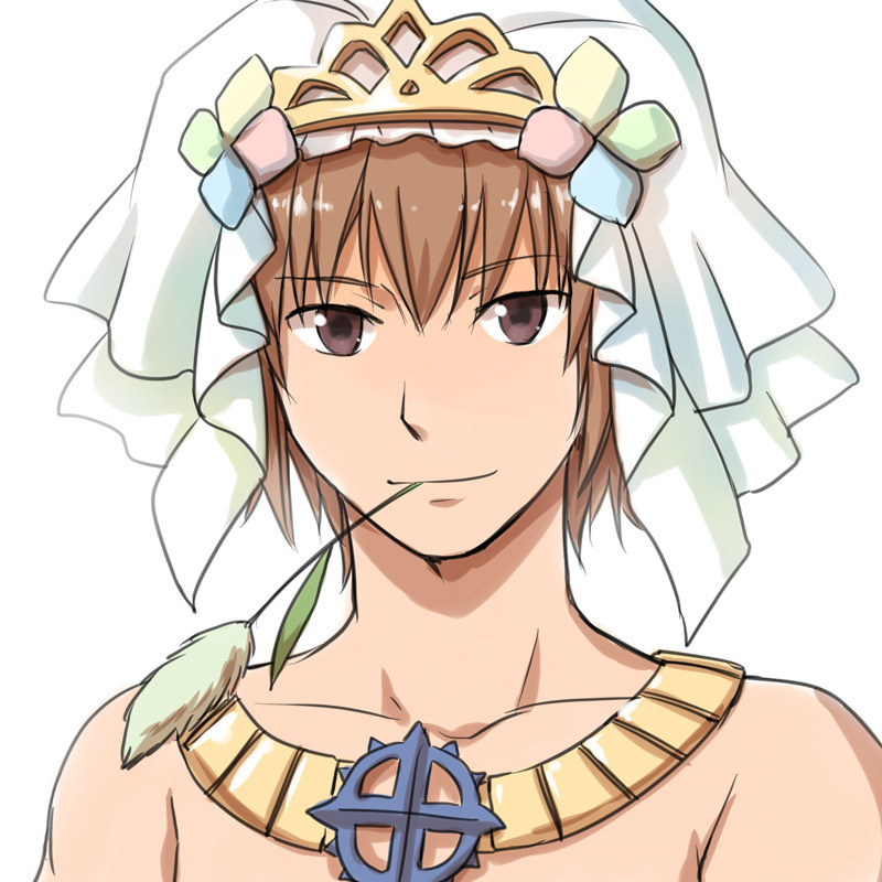 1boy bangs bridal_veil brown_eyes brown_hair cattail closed_mouth commentary_request eyebrows_visible_through_hair jewelry looking_at_viewer mouth_hold natsuya_(kuttuki) necklace plant ragnarok_online short_hair simple_background smile solo stalk_in_mouth sura_(ragnarok_online) topless_male upper_body veil white_background