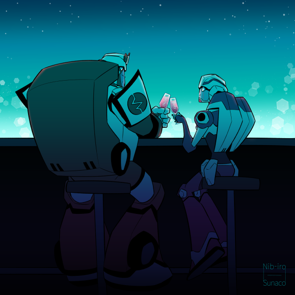1boy 1girl arcee autobot backlighting blue_eyes cup from_behind holding holding_cup mecha mijinkotail029 no_humans ratchet science_fiction sitting smile transformers transformers_animated