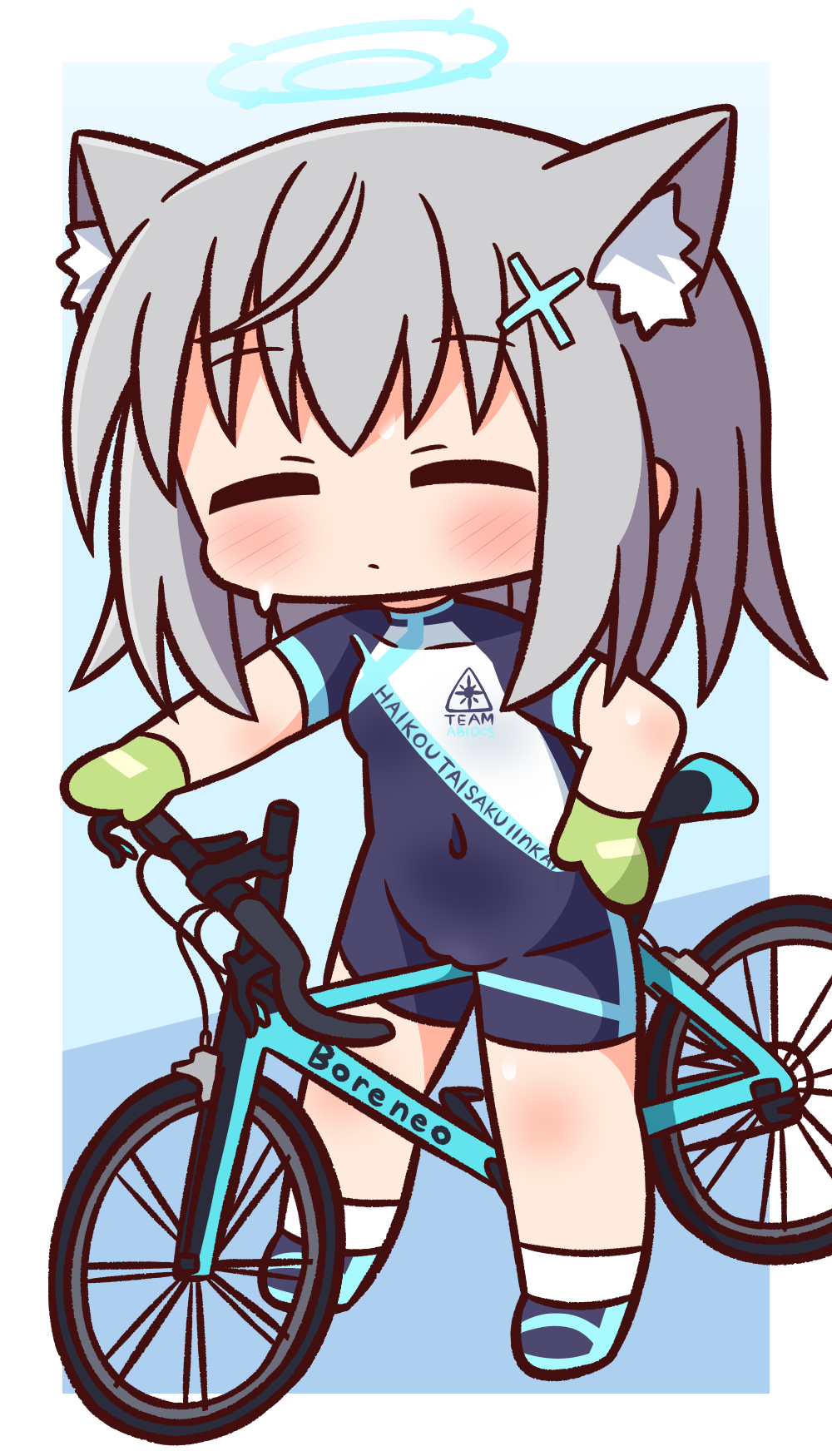 1girl animal_ear_fluff animal_ears bangs bicycle biker_clothes bikesuit blue_archive blue_background blue_footwear blush bodysuit cat_ears chibi closed_eyes closed_mouth clothes_writing covered_navel eyebrows_visible_through_hair facing_viewer full_body gloves green_gloves grey_hair groin ground_vehicle hair_ornament halo hana_kazari hand_on_hip highres long_hair shiroko_(blue_archive) shoes short_sleeves socks solo standing sweat white_legwear