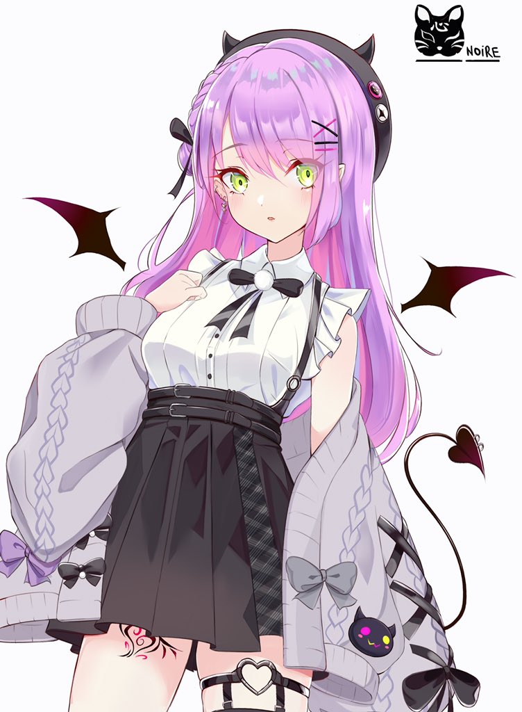 1girl :o aran_sweater bangs beret bibi_(tokoyami_towa) black_bow black_bowtie black_ribbon black_skirt bow bowtie braid breasts cardigan collared_shirt colored_inner_hair cowboy_shot demon_girl demon_tail ear_piercing eyebrows_visible_through_hair eyes_visible_through_hair fake_horns french_braid frilled_shirt frilled_sleeves frills green_eyes grey_cardigan hair_ornament hair_ribbon hairclip hat heart_ring high-waist_skirt hololive horned_headwear horns leg_tattoo long_hair looking_at_viewer medium_breasts miniskirt multicolored_hair noirekr official_alternate_costume open_cardigan open_clothes piercing pink_hair pleated_skirt pointy_ears pom_pom_(clothes) purple_hair ribbon shirt short_sleeves side_braid side_bun skirt solo streaked_hair suspender_skirt suspenders sweater swept_bangs tail tail_ornament tail_piercing tattoo thigh_strap tokoyami_towa virtual_youtuber white_shirt x_hair_ornament