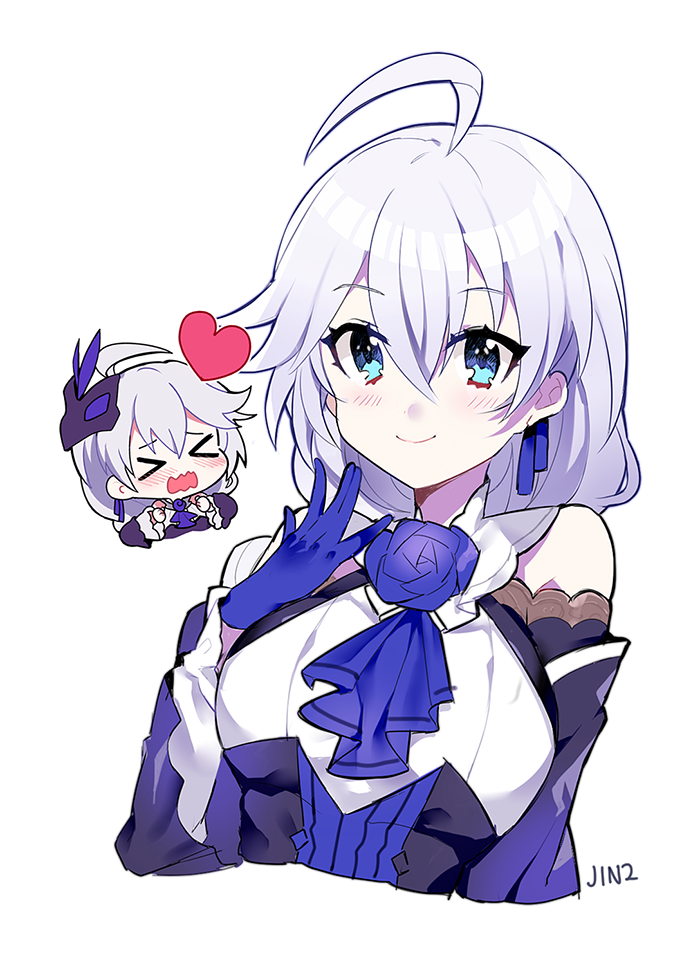 &gt;_&lt; 1girl artist_name bangs bare_shoulders blue_eyes braid braided_ponytail closed_mouth gloves heart honkai_(series) honkai_impact_3rd jin2 kallen_kaslana kallen_kaslana_(sixth_serenade) long_hair looking_at_viewer mask multiple_views purple_gloves simple_background smile wavy_mouth white_background white_hair