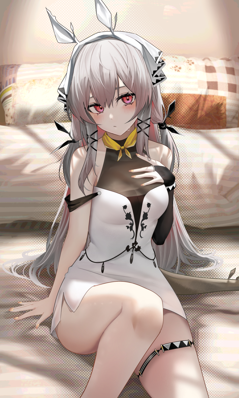 1girl alternate_costume antennae arknights bare_arms bare_shoulders breasts bridal_gauntlets closed_mouth dress frown grey_hair hand_on_own_chest highres knee_up long_hair looking_at_viewer medium_breasts nail_polish neckerchief red_eyes ru_zhai short_dress side_slit single_bridal_gauntlet sitting sleeveless sleeveless_dress solo sweat tail thigh_strap thighs very_long_hair weedy_(arknights) white_dress