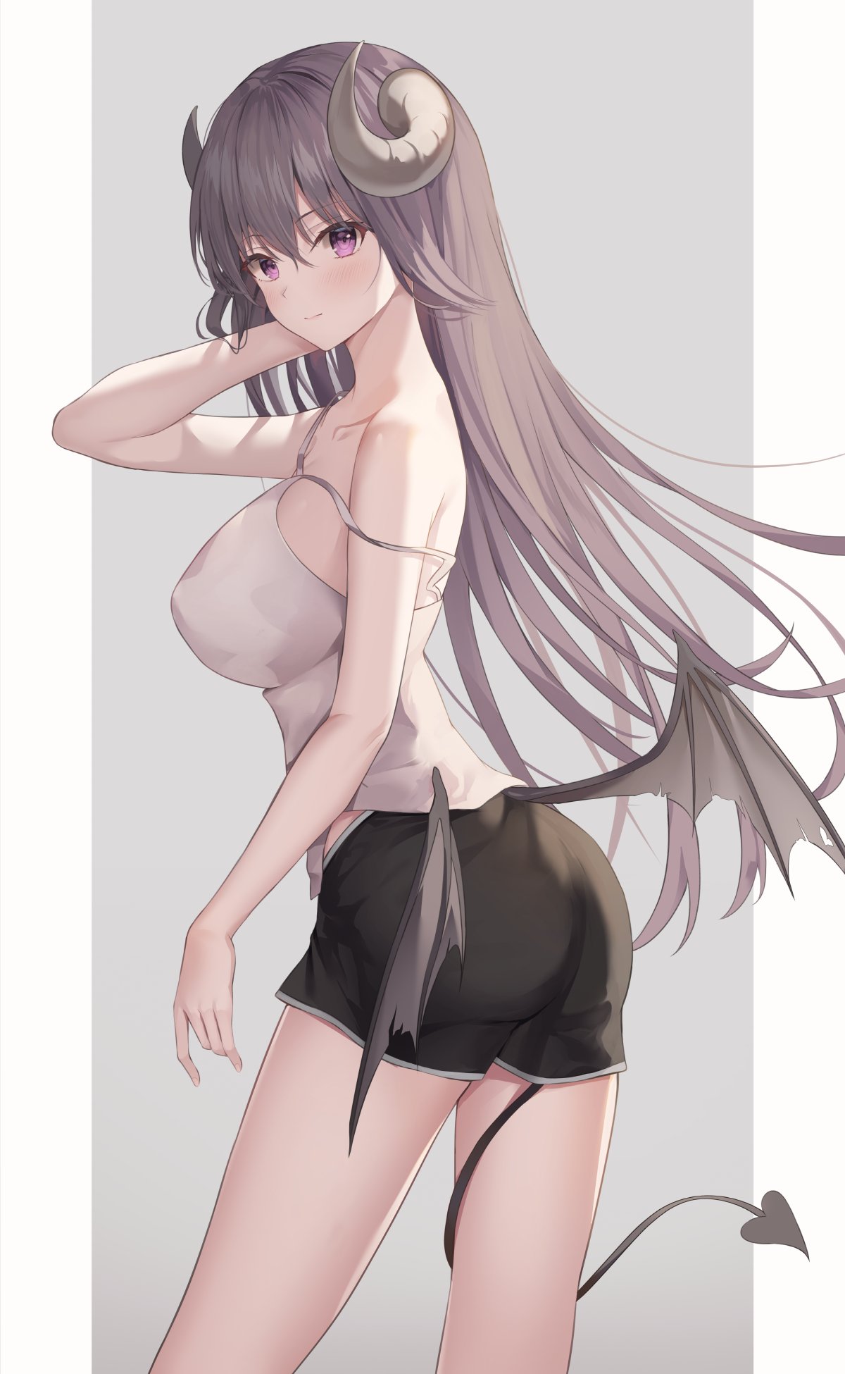 1girl arm_up ass bare_arms bare_shoulders black_shorts breasts camisole closed_mouth curled_horns demon_girl demon_horns demon_tail demon_wings from_side grey_hair highres horns large_breasts long_hair looking_at_viewer looking_to_the_side low_wings original shirt short_shorts shorts shuvi_(shuvi1125) sleeveless sleeveless_shirt solo spaghetti_strap strap_slip tail tail_around_leg thighs violet_eyes white_shirt wings