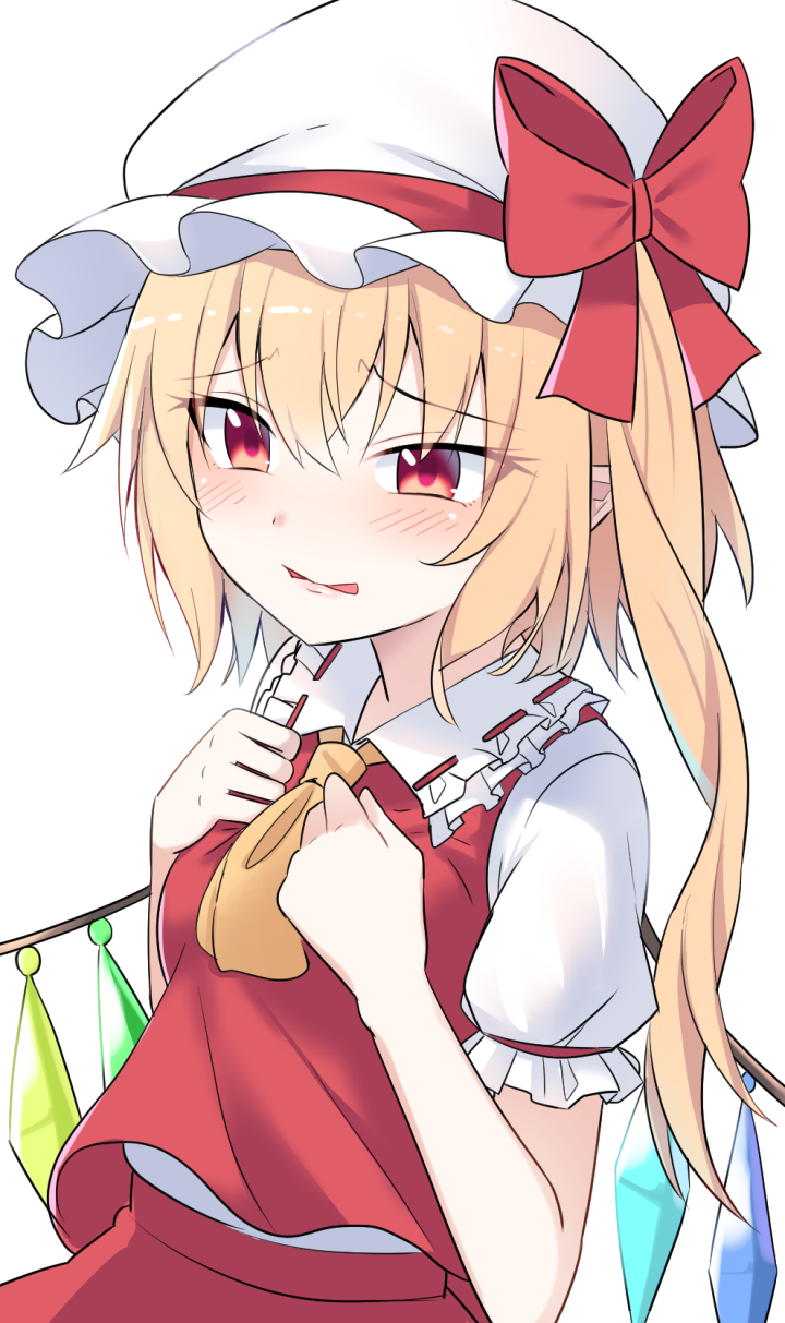 1girl ascot blonde_hair blush crystal e.o. eyebrows_visible_through_hair flandre_scarlet hair_between_eyes hat highres long_hair mob_cap one_side_up open_mouth pointy_ears puffy_short_sleeves puffy_sleeves red_eyes red_skirt red_vest shirt short_sleeves simple_background skirt solo touhou upper_body vest white_background white_headwear white_shirt wings yellow_ascot