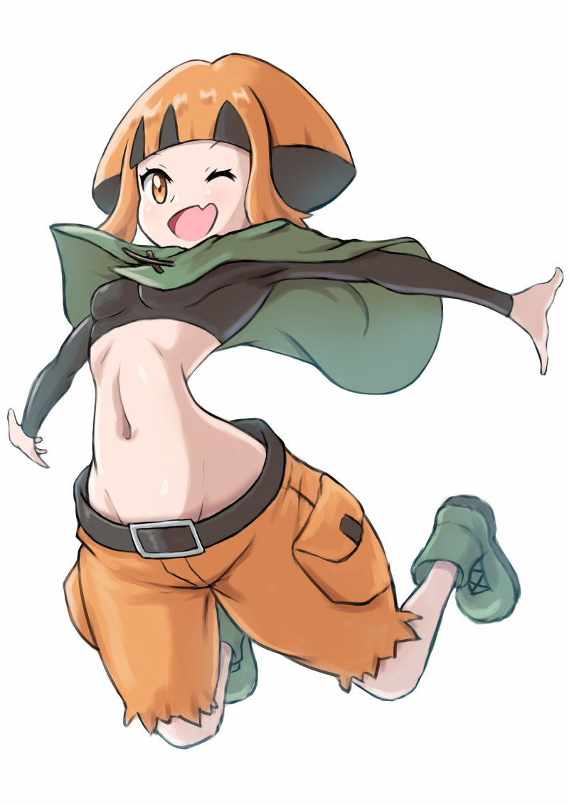 1girl ;d belt black_belt black_hair boots breasts commentary_request crop_top eyelashes fang full_body gardenia_(pokemon) green_footwear midriff multicolored_hair navel one_eye_closed open_mouth orange_eyes orange_hair ossannoa pokemon pokemon_(game) pokemon_dppt poncho short_hair shorts simple_background smile solo tongue torn_clothes torn_shorts two-tone_hair white_background