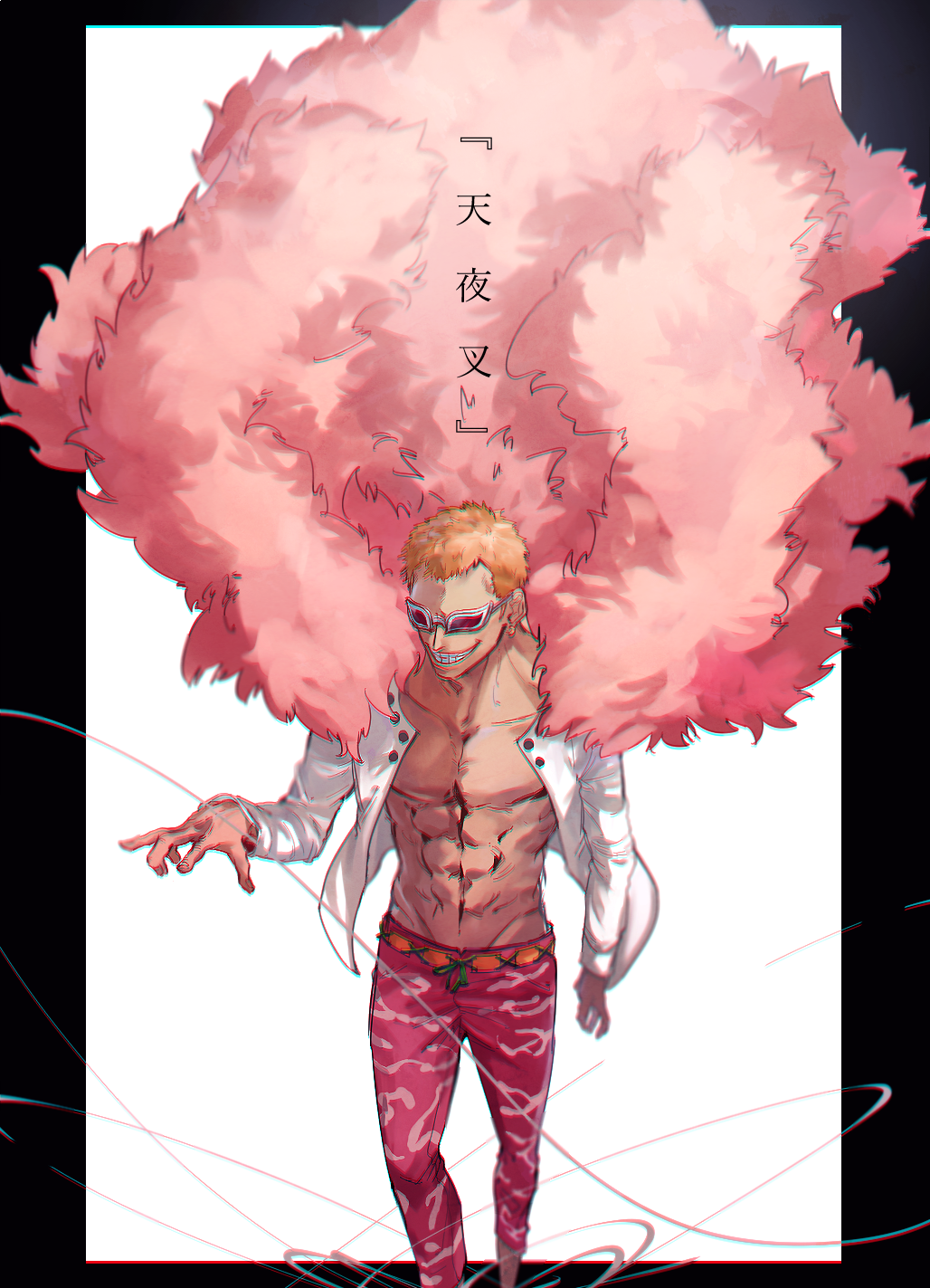1boy blonde_hair donquixote_doflamingo fur_coat grin hand_up highres long_sleeves male_focus mirin_(coene65) one_piece open_clothes open_shirt pink_coat simple_background smile solo string sunglasses