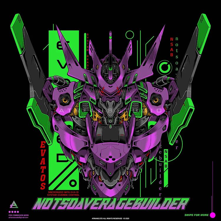 atrians black_background cable character_name commission crossover english_commentary eva_01 fusion glowing glowing_eyes gundam gundam_barbatos gundam_barbatos_lupus_rex gundam_tekketsu_no_orphans horns mecha neon_genesis_evangelion no_humans red_eyes science_fiction single_horn solo upper_body v-fin