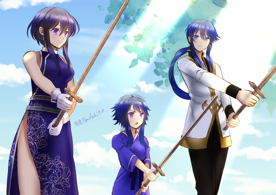 1boy 2girls :o bare_shoulders black_hair black_pants blue_eyes blue_hair blue_sky breasts cape closed_eyes clouds collarbone commentary_request couple dress father_and_daughter fire_emblem fire_emblem:_genealogy_of_the_holy_war gloves hand_on_another's_shoulder holding holding_baby holding_sword holding_weapon if_they_mated jacket larcei_(fire_emblem) large_breasts long_hair mother_and_daughter multiple_girls outdoors pants ponytail purple_dress seliph_(fire_emblem) shoochiku_bai short_hair_with_long_locks side_slit sidelocks sky sleeveless sleeveless_dress smile sword twitter_username violet_eyes weapon white_gloves white_jacket wooden_sword