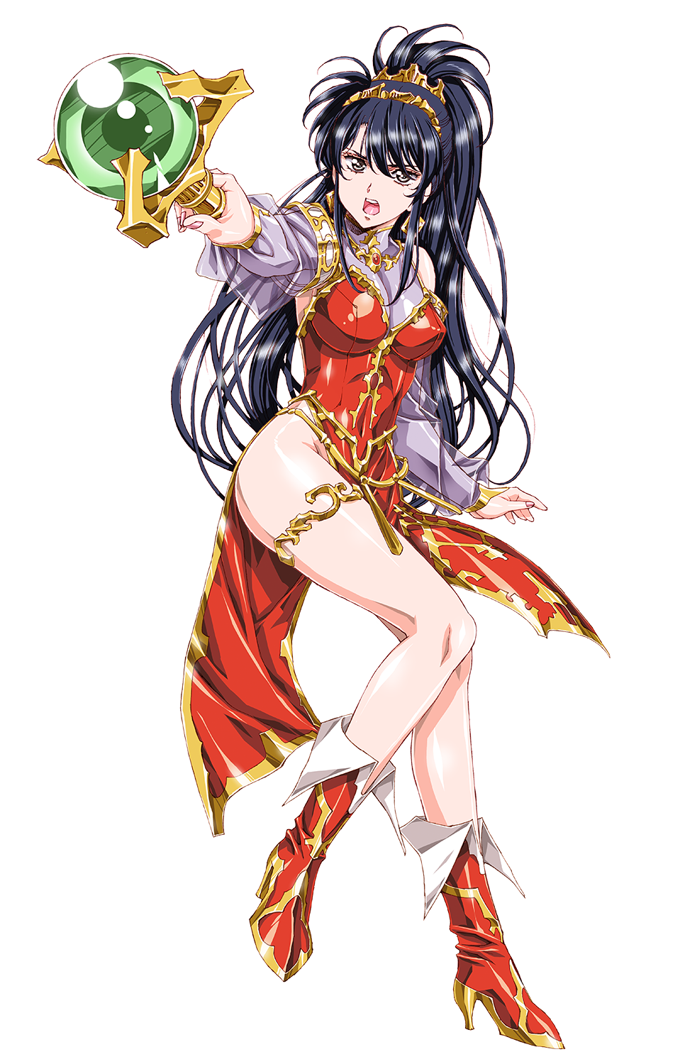 1girl bangs black_hair boots breasts breasts_apart brown_eyes detached_sleeves dress earrings full_body hair_between_eyes hair_ornament high_heel_boots high_heels highres holding holding_staff jessica_(langrisser) jewelry langrisser long_hair medium_breasts official_art open_mouth outstretched_arm ponytail red_dress red_footwear see-through_sleeves shiny shiny_skin side_slit sleeveless sleeveless_dress solo staff thighlet transparent_background very_long_hair