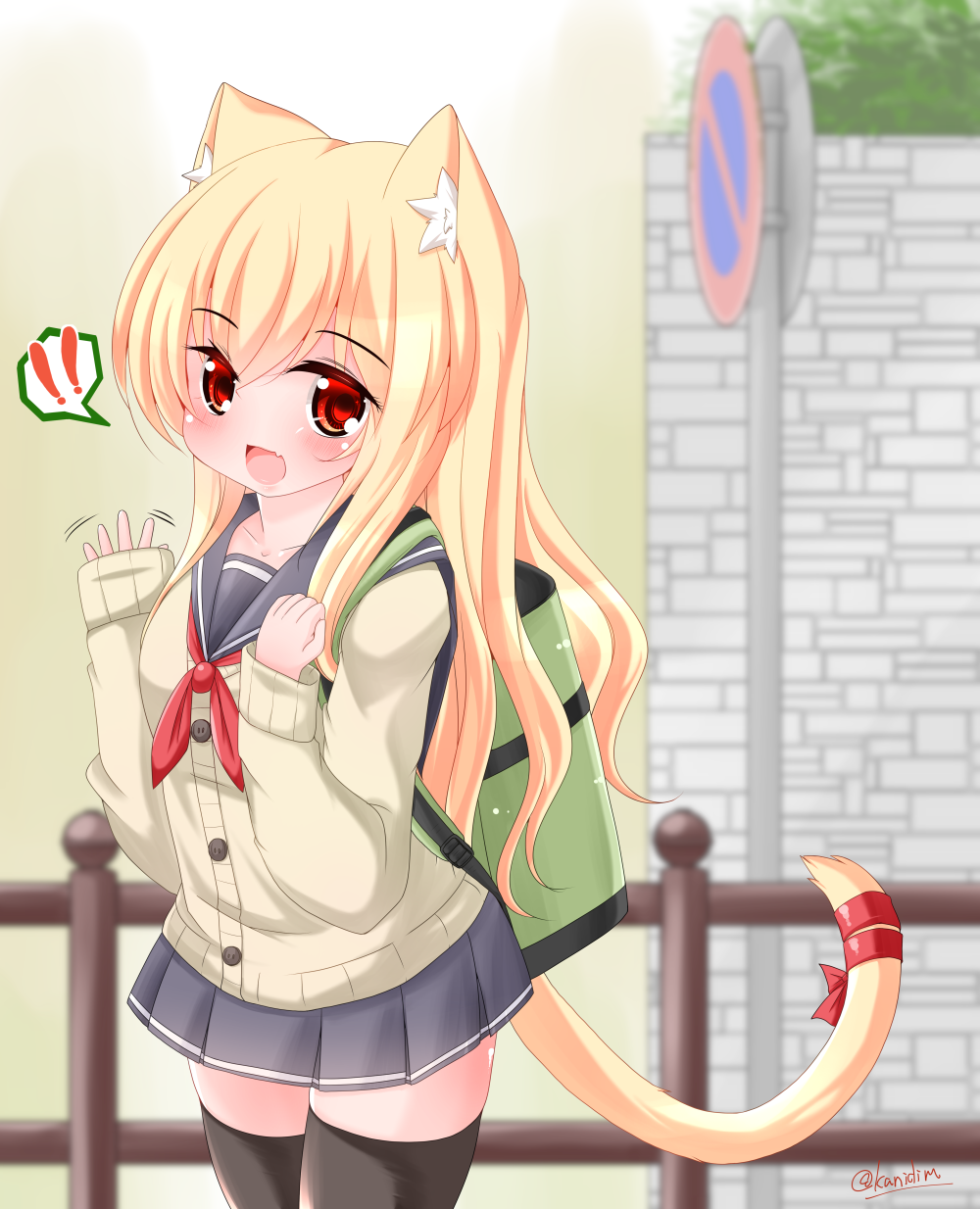 1girl :d animal_ear_fluff animal_ears backpack bag bangs blonde_hair blurry blurry_background blush brown_cardigan cardigan cat_ears cat_girl cat_tail commentary_request depth_of_field eyebrows_visible_through_hair fang grey_sailor_collar grey_skirt hair_between_eyes hands_up highres kanijiru long_hair long_sleeves looking_at_viewer neckerchief no_parking_sign original pleated_skirt railing red_eyes red_neckwear red_ribbon ribbon sailor_collar school_uniform serafuku skirt sleeves_past_wrists smile solo tail tail_ornament tail_ribbon thigh-highs twitter_username very_long_hair waving