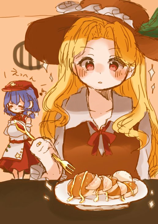 2girls bangs bare_shoulders blonde_hair blush breasts brown_headwear brown_vest cabbie_hat collared_shirt detached_sleeves eyebrows_visible_through_hair flat_cap fork frilled_hat frills hat hat_feather jacket_girl_(dipp) label_girl_(dipp) laspberry. long_hair long_sleeves multiple_girls parted_bangs parted_lips plate red_eyes red_headwear red_neckwear red_ribbon red_skirt ribbon round_window shirt skirt small_breasts touhou vest white_shirt white_sleeves white_vest window