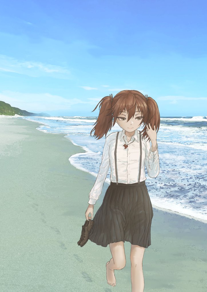 1girl bangs barefoot beach black_skirt brown_eyes brown_footwear brown_hair clouds commentary_request day footprints hair_between_eyes hair_ribbon hand_in_hair holding holding_shoes jewelry kantai_collection long_hair long_sleeves magatama magatama_necklace mountain necklace nito_(nshtntr) ocean outdoors pleated_skirt ribbon ryuujou_(kancolle) shirt shoes shoes_removed skirt sky solo suspender_skirt suspenders twintails walking water white_shirt