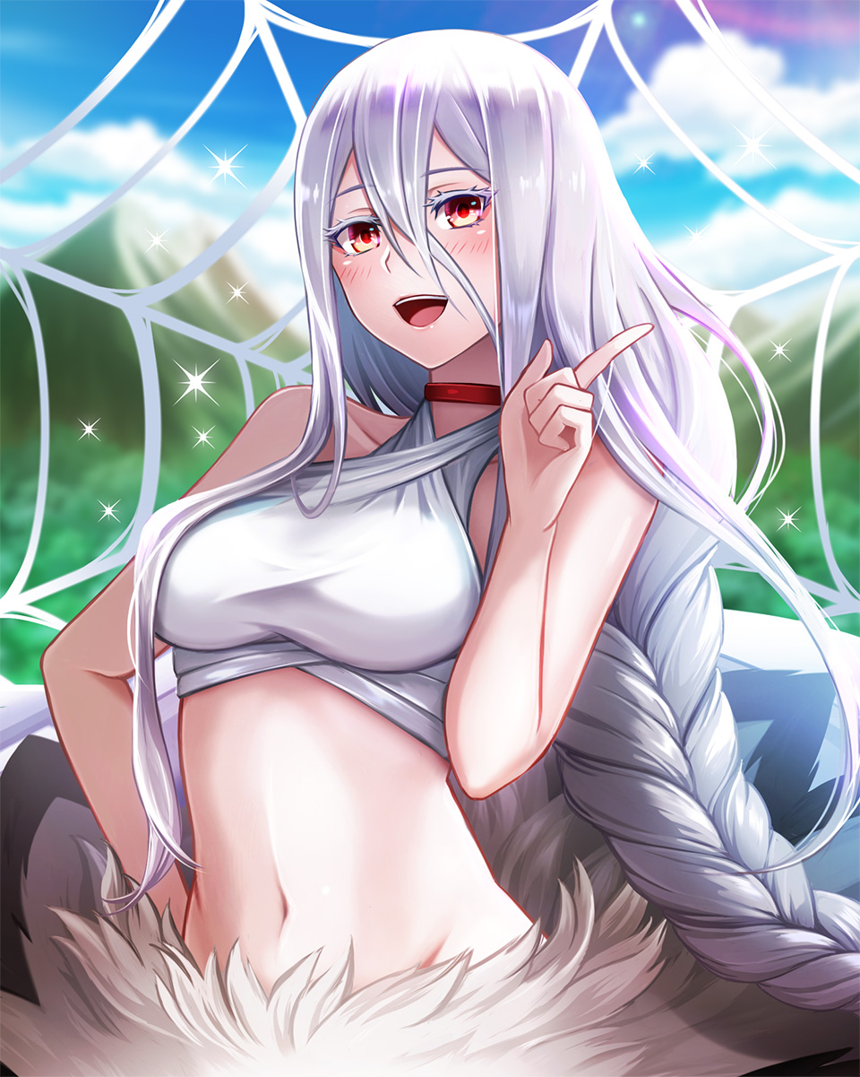1girl :d arachne arthropod_girl bandeau bangs bare_shoulders blue_sky blurry blurry_background blush braid breasts choker clouds collarbone commentary_request day eyebrows_visible_through_hair groin hair_between_eyes hand_on_hip hand_up highres index_finger_raised kumo_desu_ga_nani_ka? kumoko_(kumo_desu_ga_nani_ka?) long_braid long_hair looking_at_viewer medium_breasts midriff monster_girl navel open_mouth partial_commentary red_choker red_eyes saku_(x777x) sidelocks silk single_braid sky smile solo sparkle spider_girl spider_web spoilers standing taur teeth upper_body upper_teeth very_long_hair white_bandeau white_hair