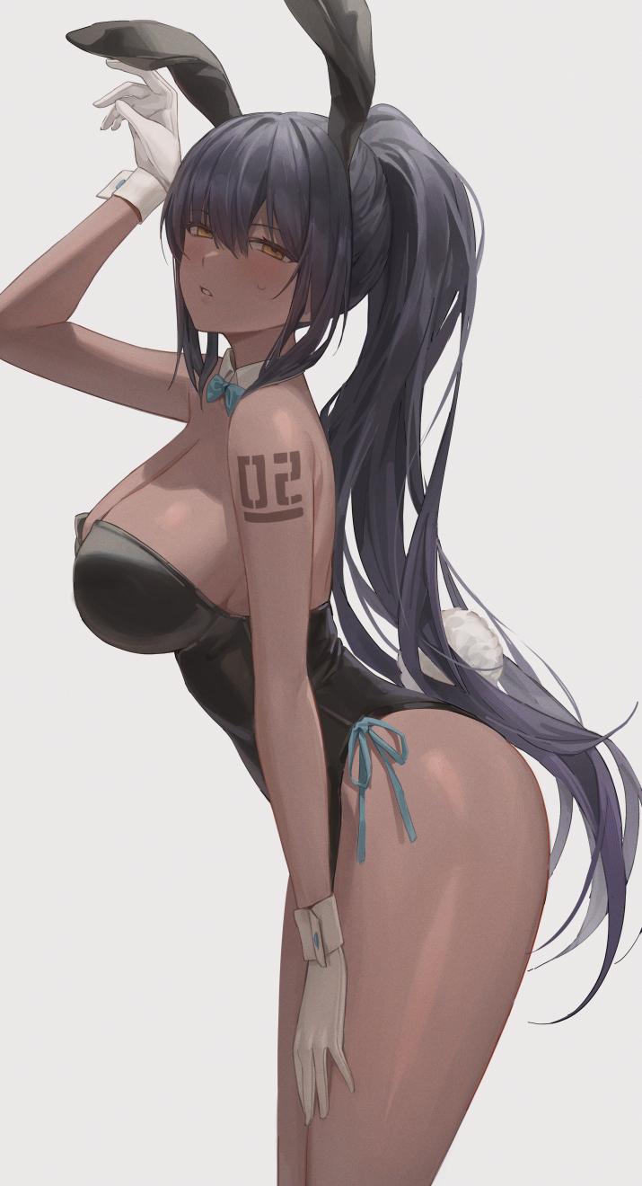 1girl animal_ears aqua_ribbon arm_up bangs banned_artist bare_arms bare_legs bare_shoulders black_hair black_leotard blue_archive breasts cowboy_shot dark-skinned_female dark_skin detached_collar from_side gloves hand_on_own_thigh high_ponytail highleg highleg_leotard highres hinaki_(hinaki_0102) karin_(blue_archive) large_breasts leaning_forward leotard long_hair looking_at_viewer number_tattoo playboy_bunny ponytail rabbit_ears rabbit_tail ribbon shoulder_tattoo sideboob standing strapless strapless_leotard tail tattoo thighs very_long_hair white_gloves wrist_cuffs yellow_eyes