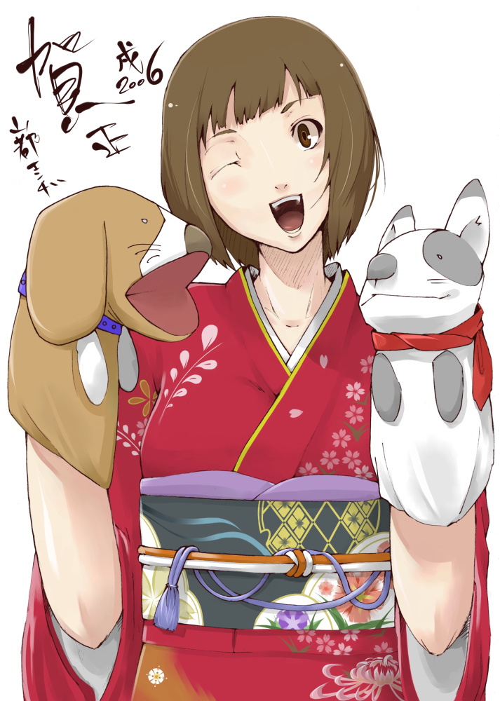 1girl brown_eyes brown_hair commentary_request hand_puppet japanese_clothes kimono long_sleeves looking_at_viewer nengajou new_year obi one_eye_closed open_mouth original puppet sash simple_background solo white_background yamamoto_enji