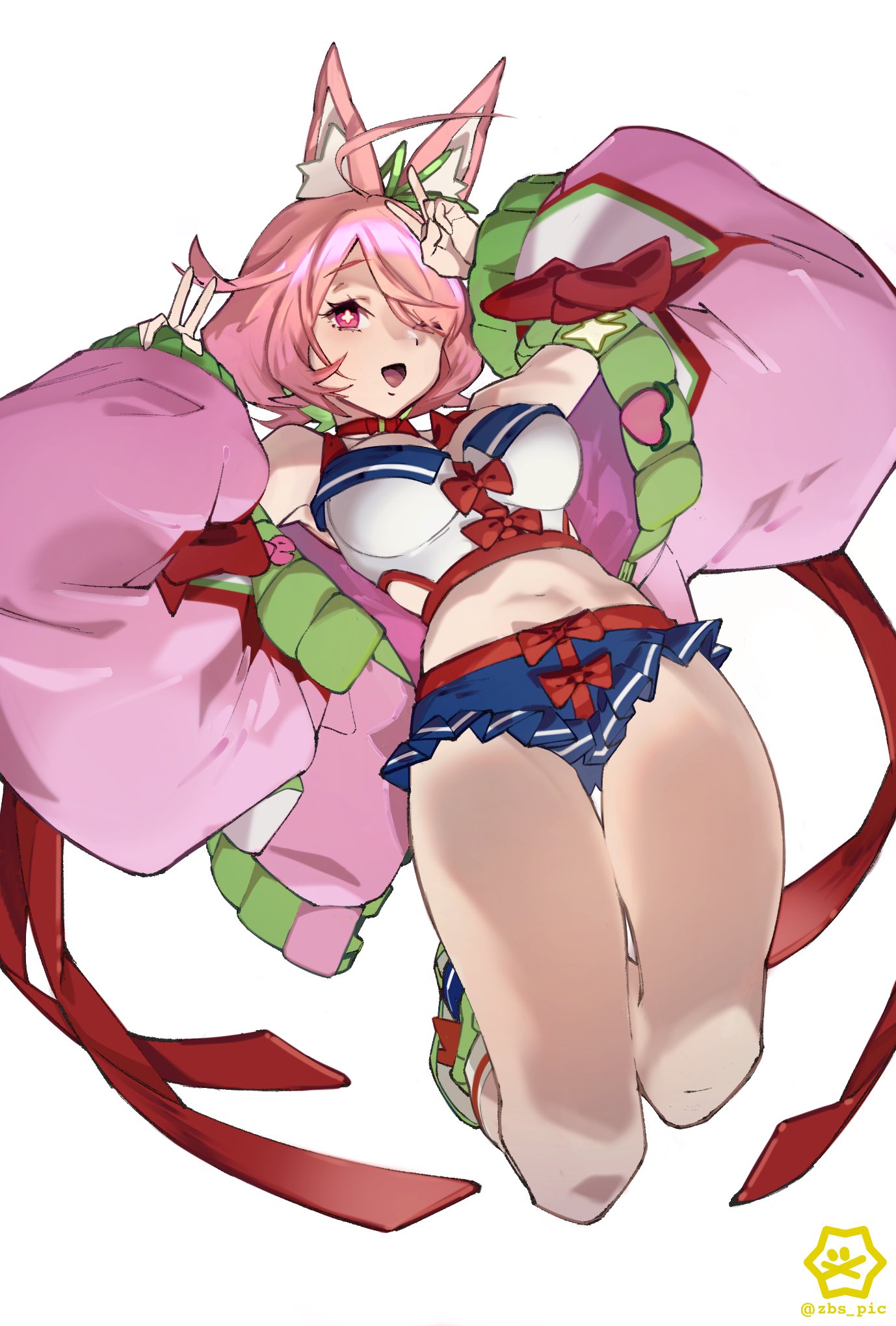 +_+ 1girl airborne animal_ears azuchi_momo bangs blue_shorts bow breasts double_v fox_ears fox_girl frilled_shorts frills hair_over_one_eye highres jacket large_breasts leaning_back midriff navel nijisanji off_shoulder one_eye_covered pink_eyes pink_hair pink_jacket red_bow shoes short_shorts shorts sleeves_past_wrists smile sneakers solo v virtual_youtuber white_background zuboshi