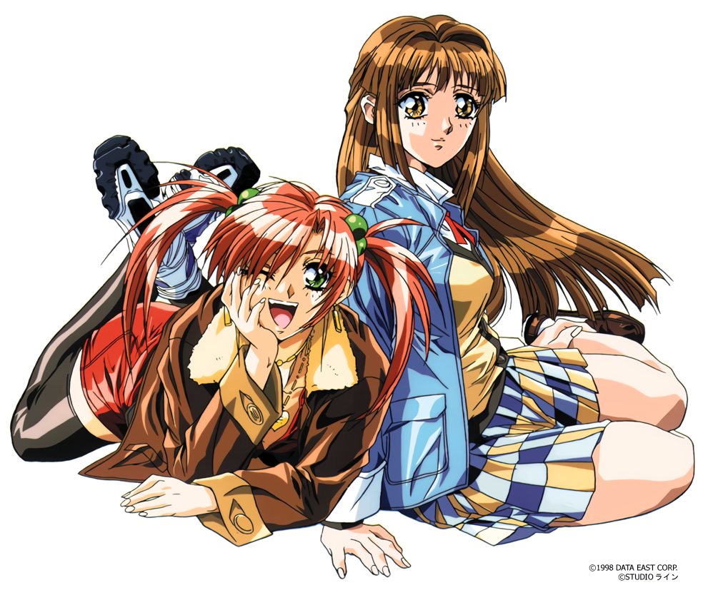 1990s_(style) 2girls aoki_chisa bangs black_legwear brown_footwear copyright doukoku_soshite green_eyes hair_bobbles hair_intakes hair_ornament hatori_itsumi head_rest jacket jewelry loafers long_hair long_sleeves looking_at_viewer lying multiple_girls necklace official_art on_stomach one_eye_closed open_mouth plaid plaid_skirt pleated_skirt retro_artstyle shoes simple_background sitting skirt sneakers teeth thigh-highs twintails upper_teeth white_background yokota_mamoru yokozuwari