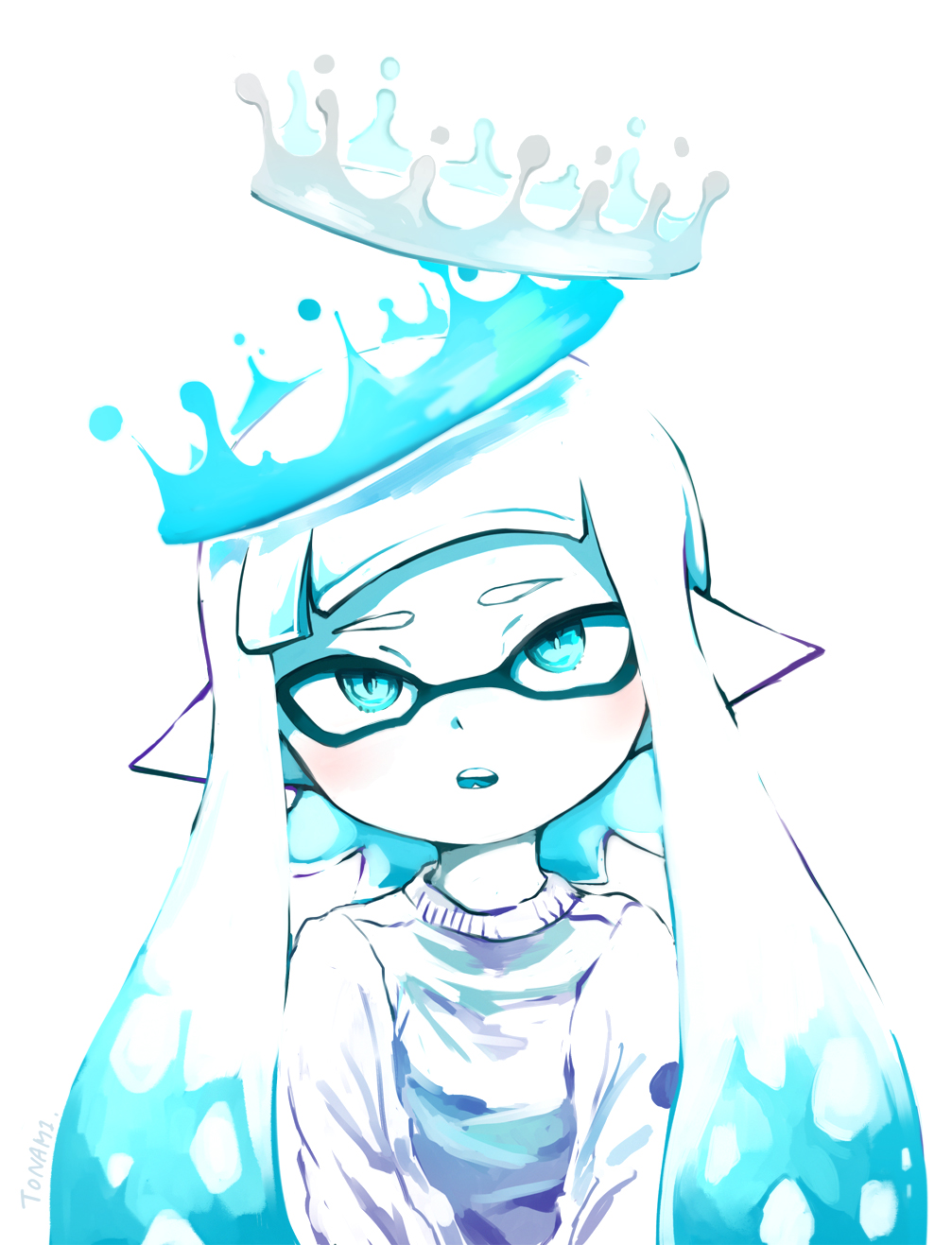 1girl aqua_eyes aqua_hair bangs colored_skin crown greyscale head_tilt highres inkling long_hair long_sleeves looking_up monochrome open_mouth pointy_ears shirt simple_background solo splatoon_(series) teeth tentacle_hair tona_bnkz upper_body upper_teeth water_drop white_background white_hair white_shirt white_skin